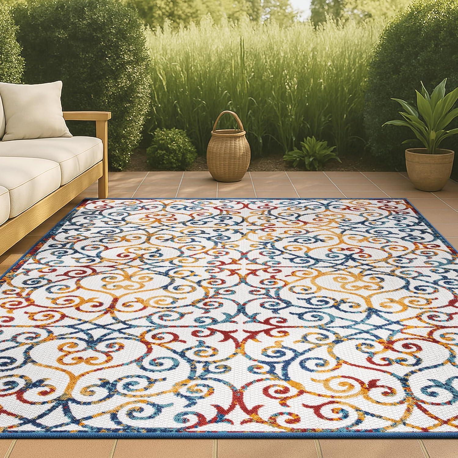 3'x5' Atrani Scroll Trellis Indoor/Outdoor Area Rug, Cream/Blue/Red - JONATHAN Y