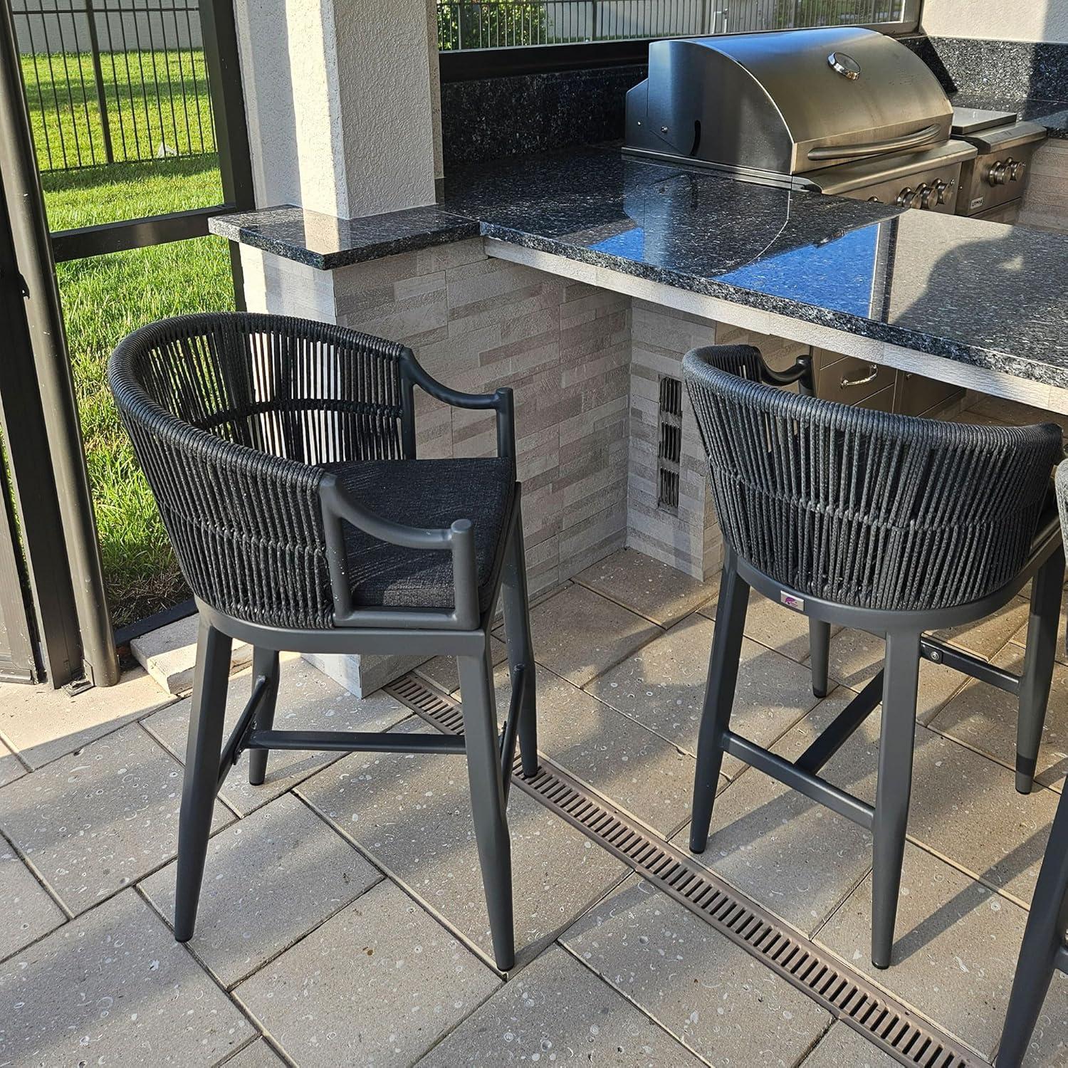 PURPLE LEAF Patio Bar Stools Set of 2 Outdoor Wicker Modern High Bar Chairs Metal Cushioned Barstools with Backs and Ergonomic Armrest for Balcony Garden Indoor Kitchen Island, Gray