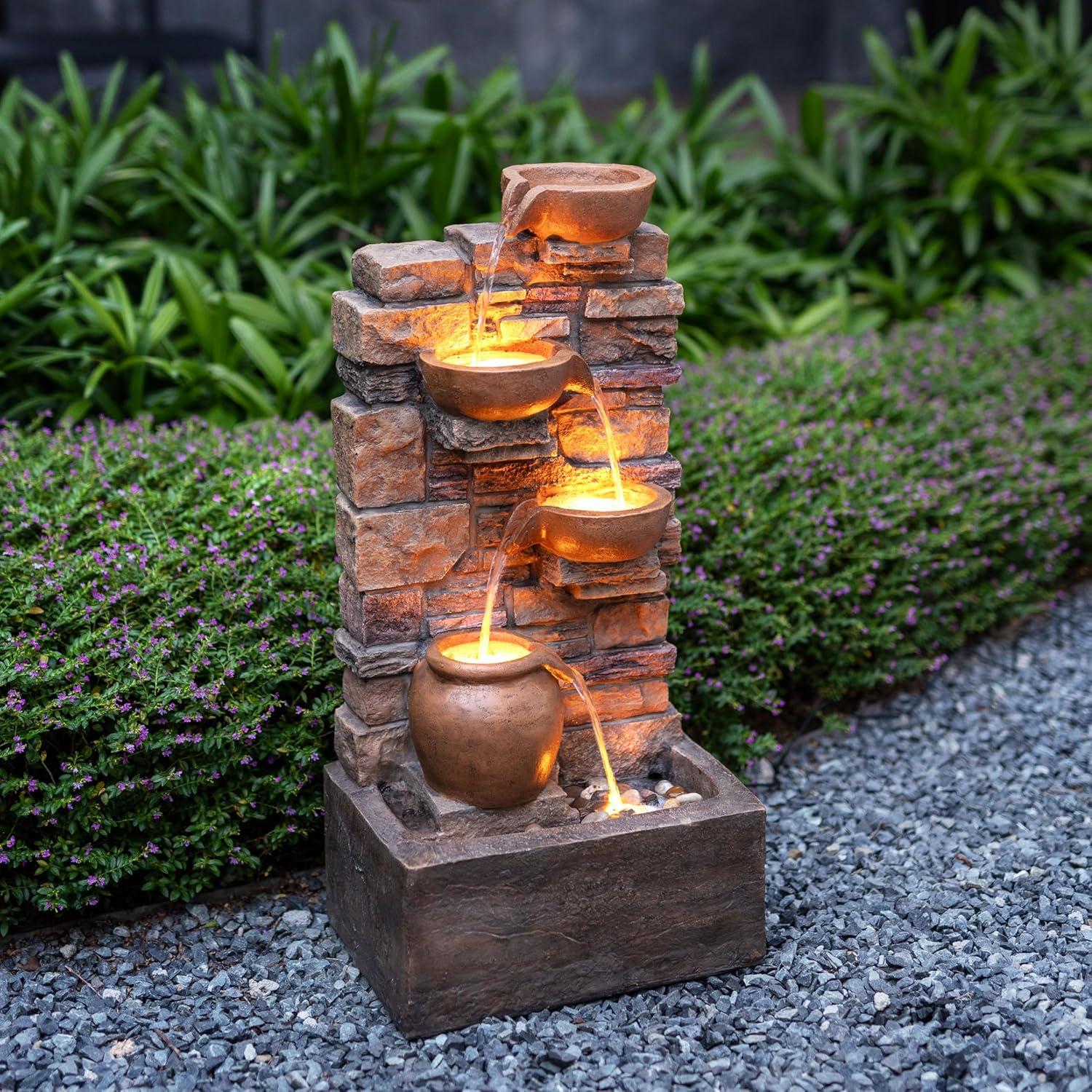 Teamson Home 33.27" Polyresin Cascading Bowls & Stacked Stones LED Fountain: Rust-Resistant, Electric Pump, Ground Freestanding