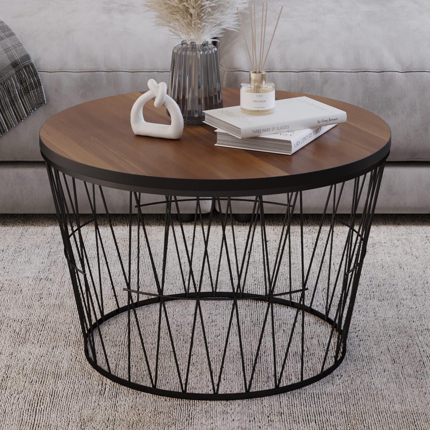 Round Coffee Table with Geometric Metal Base – Small Modern Accent Table for Living Room – Mid-Century Coffee Table by Lavish Home (Brown/Black)