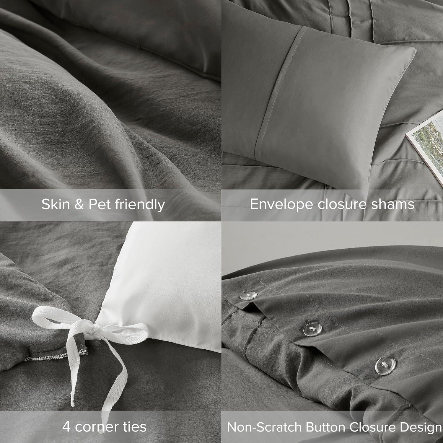 Comfort Spaces Grey Twin Size Duvet Cover Set - 2 Pieces Pintuck Pleated Duvet Cover All Season Lightweight, Extra Softness Pre-Washed Microfiber Twin Bedding Cover Shams, Twin/Twin XL
