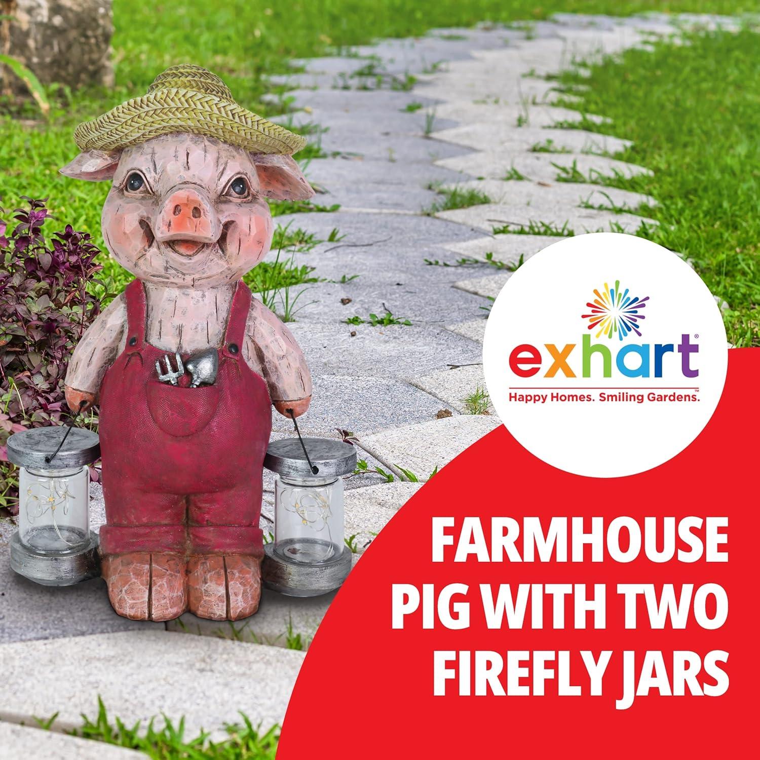 Rustic Farmhouse Pig Garden Statue with Solar LED Lights