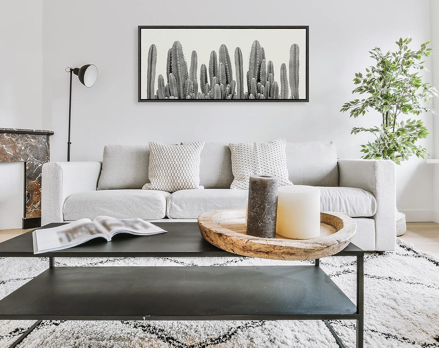 Kate and Laurel Sylvie Black and White Looking Sharp Cactus Garden Framed Canvas Wall Art by The Creative Bunch Studio, 18x40 Panel Gray, Muted Landscape Art