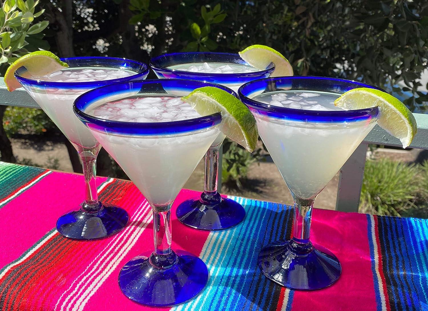 Mexican Hand Blown Glass – Set of 4 Hand Blown Modern Margarita Glasses - Blue Rim (12 oz)