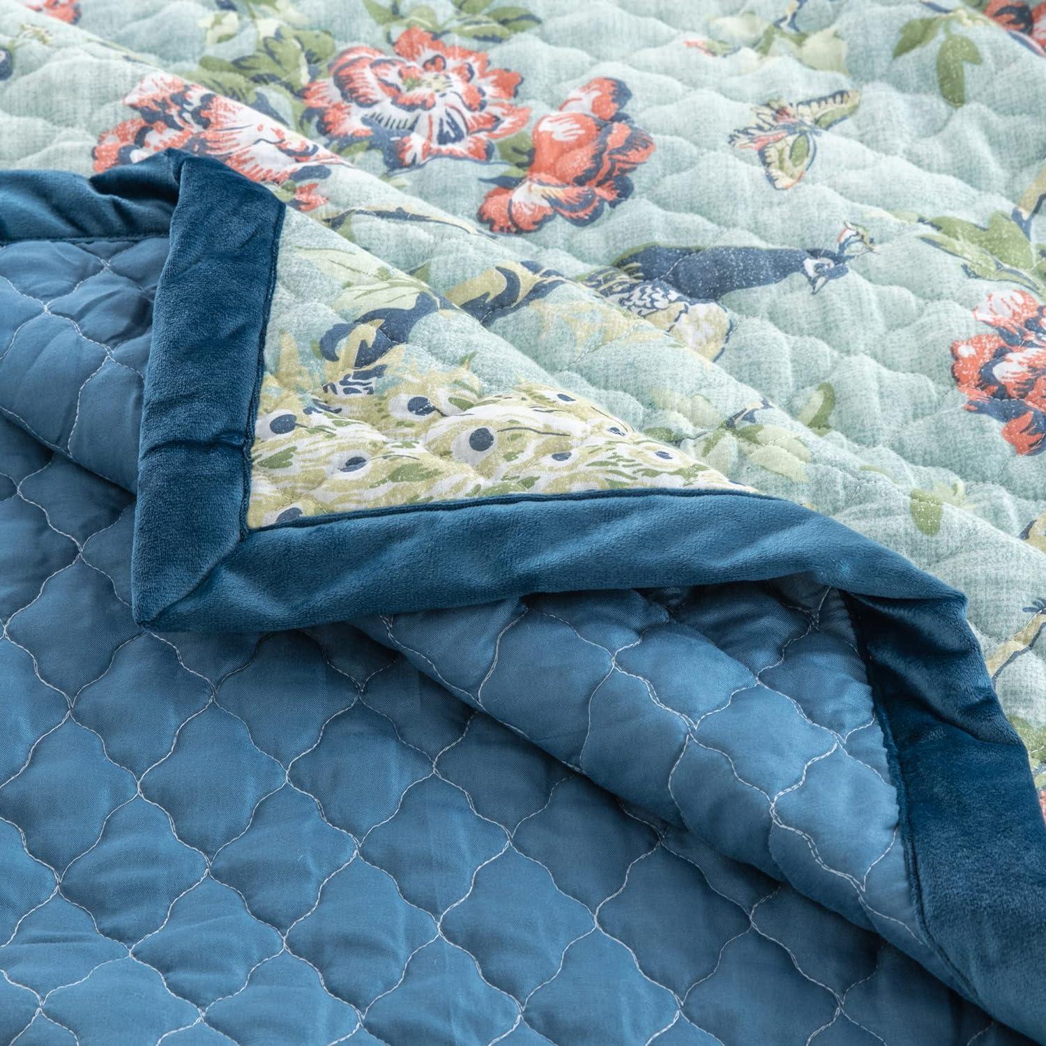 Jade Floral and Peacock Quilted Throw Blanket