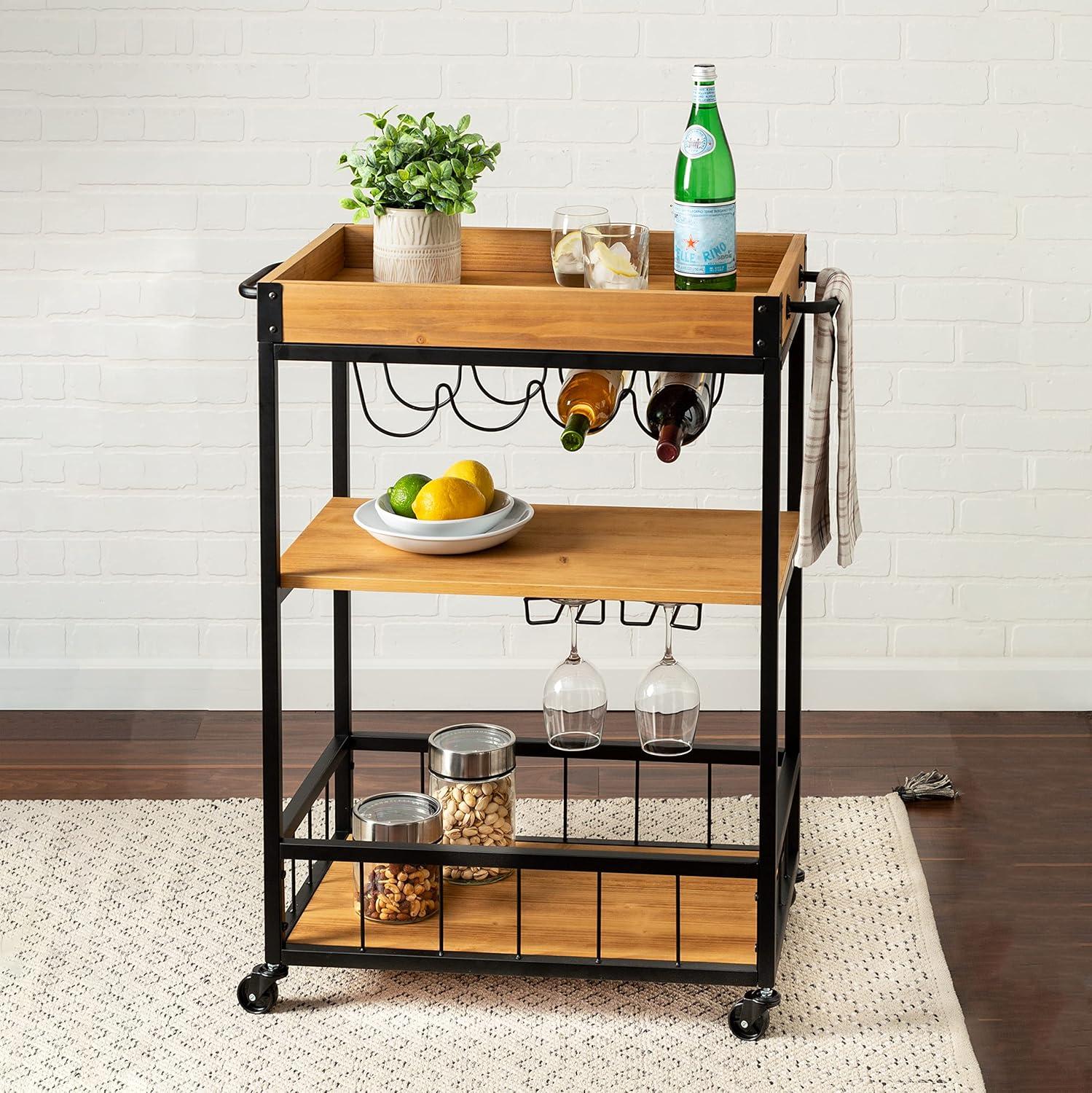 Rustic Fir & Dark Steel Rolling Bar Cart with Wine Storage