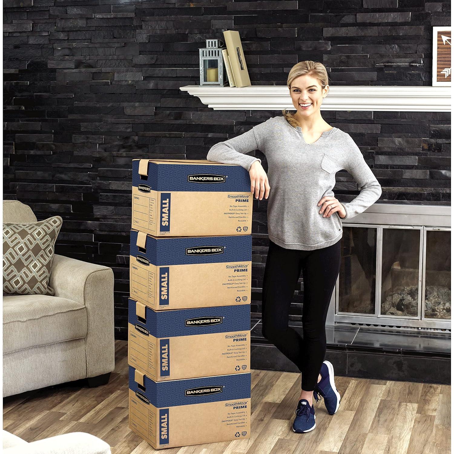 Bankers Box SmoothMove Prime Moving/Storage Boxes, Hinged Lid, Regular Slotted Container, Small, 12" x 16" x 12", Brown/Blue, 10/Carton