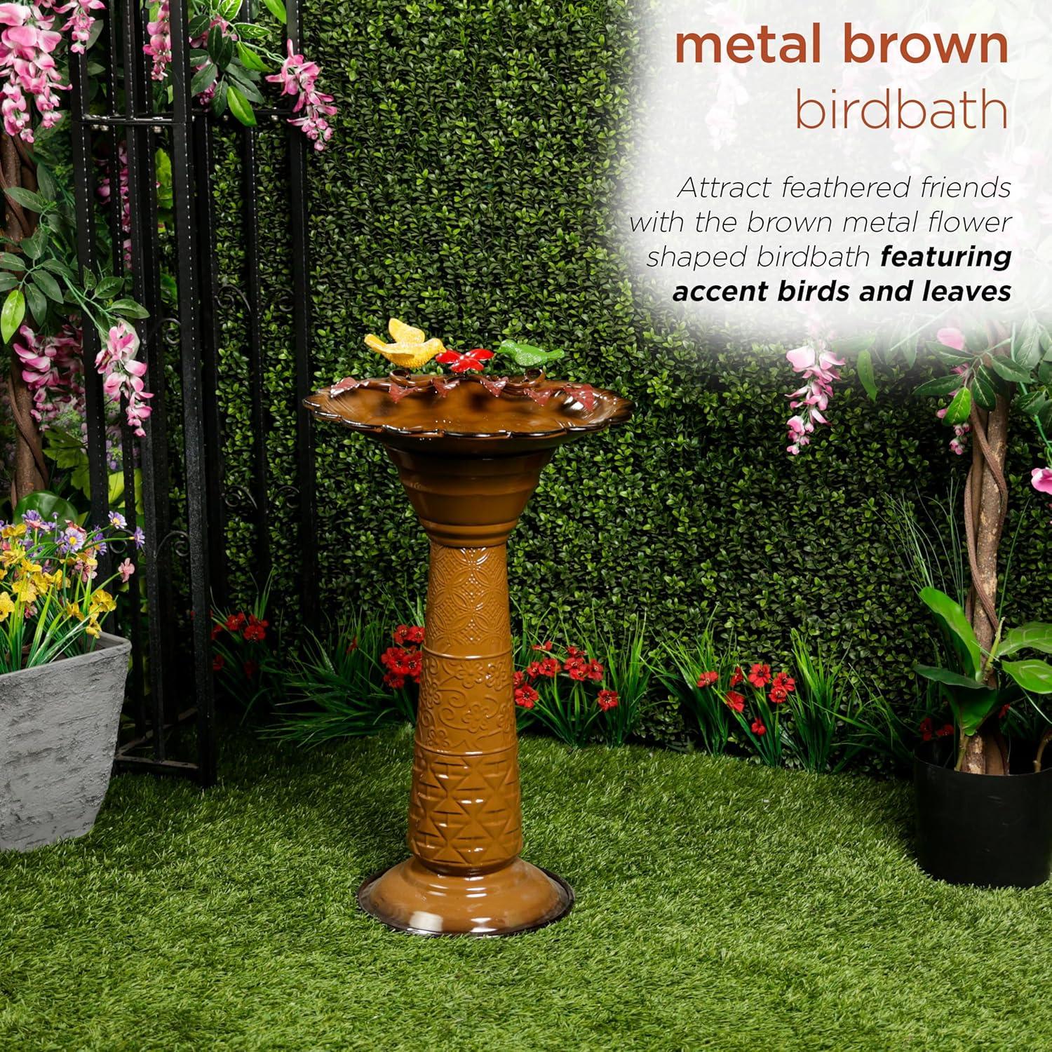 Brown Metal Pedestal Birdbath with Floral Basin, 28"