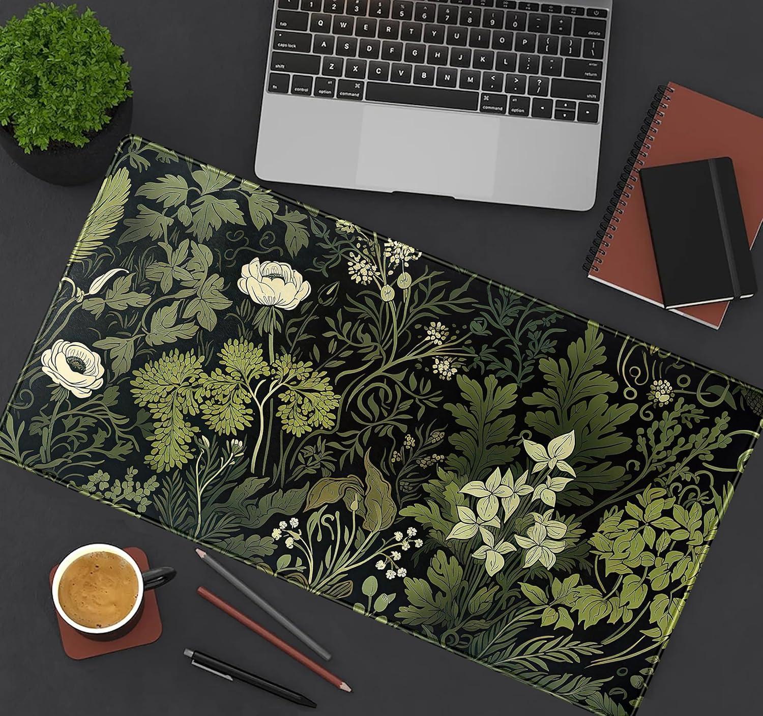 Green Leaves Beige Plants Pad, Large Extend Mouse Pad XXL, Freshness Foliage Keyboard Mat, Black Esthetics Desktop Mat Laptop Wireless Mouse Mat, Gift for Women 31.5"x15.75"