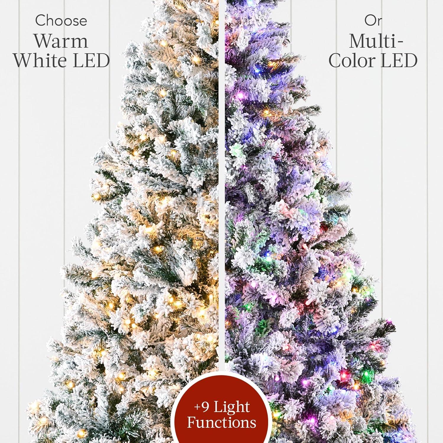 Best Choice Products Pre-Lit Holiday Christmas Pine Tree w/ Flocked Branches, Warm-White & Multicolored Lights