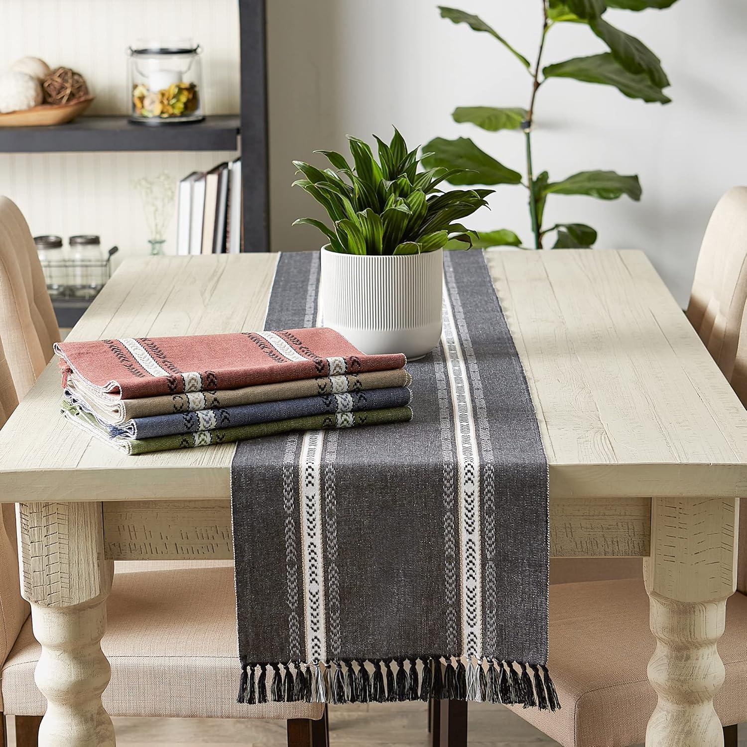 Clay and Black Cotton Striped Fringe Table Runner 14x72