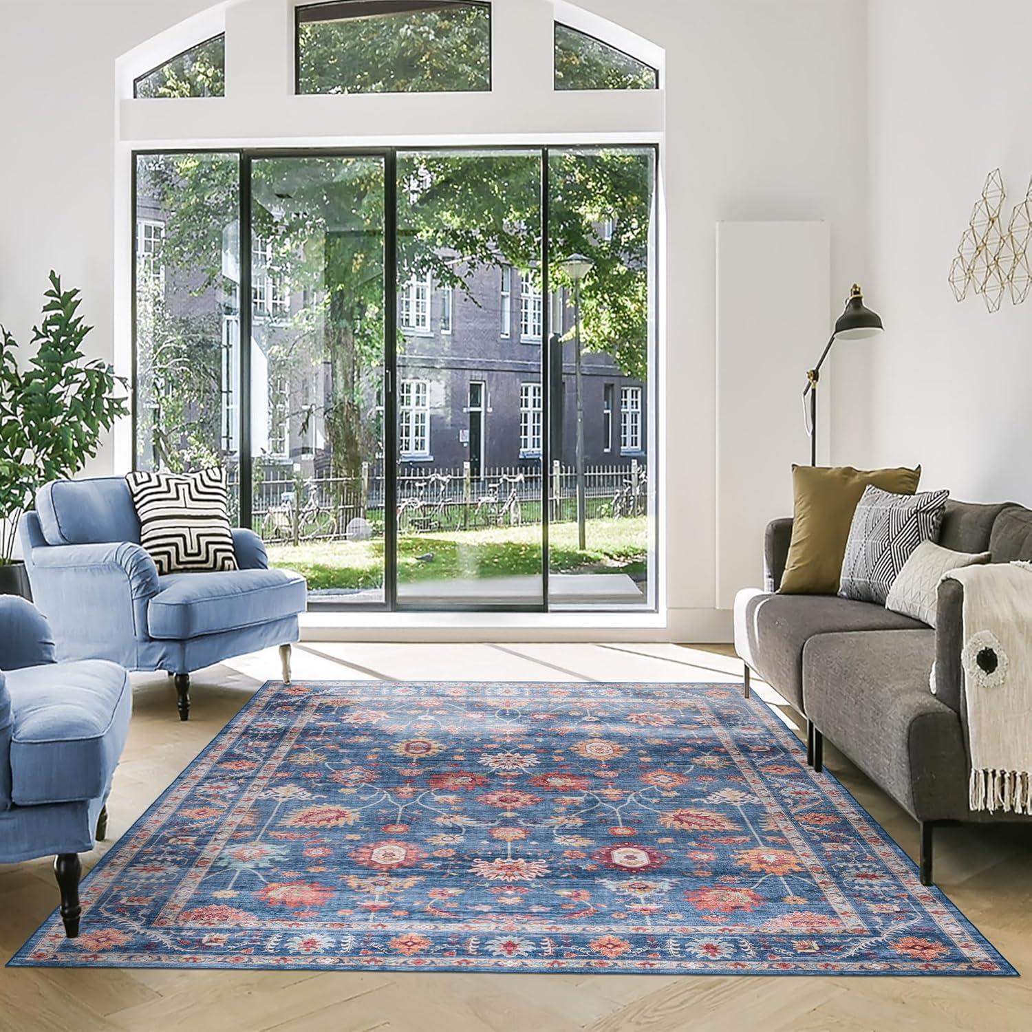 Gertmenian Crystal Print Cullen Navy Blue Multi Transitional Floral Border Washable Flat Pile Indoor Area Rug
