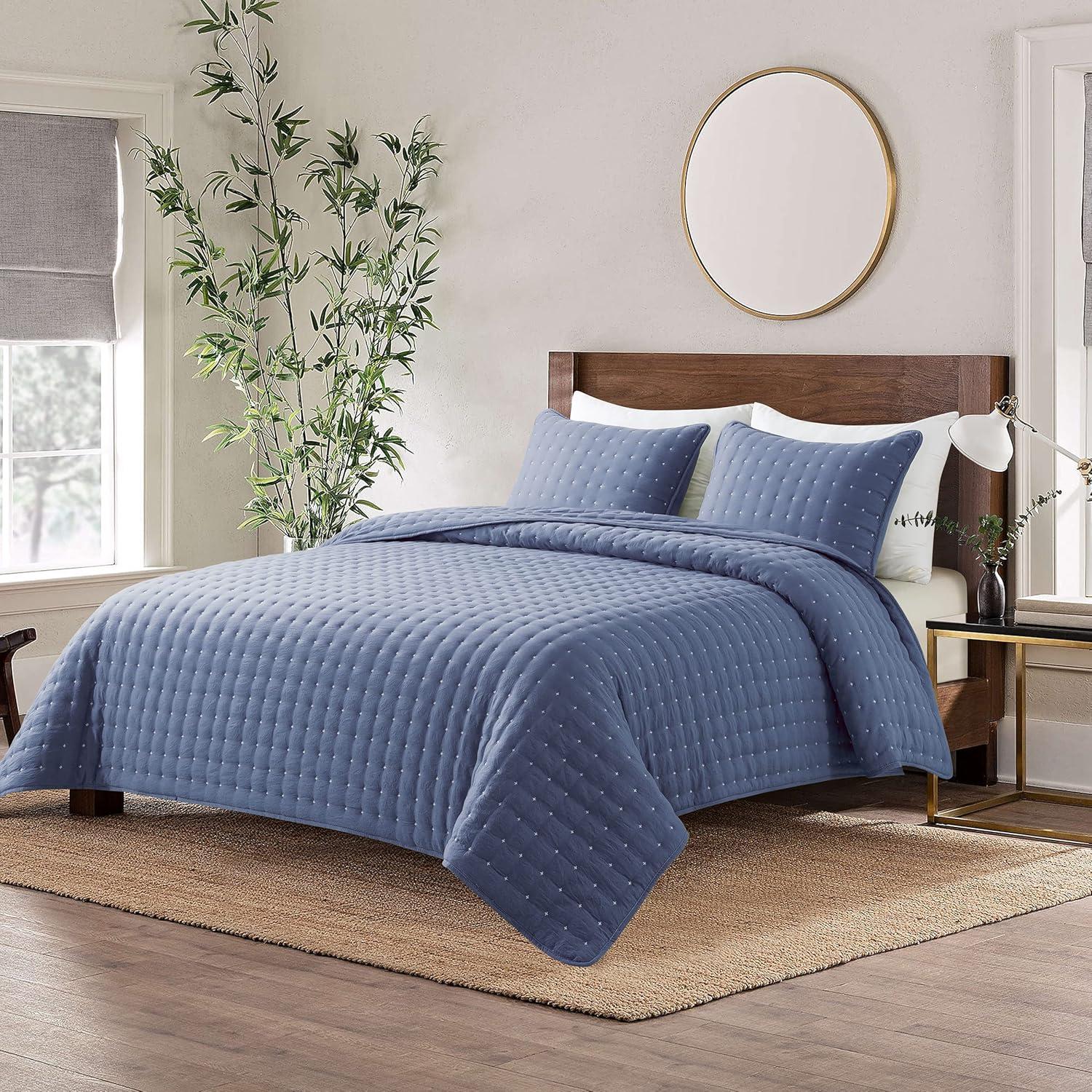 Blue Microfiber Queen Bedspread Set with Pillow Shams