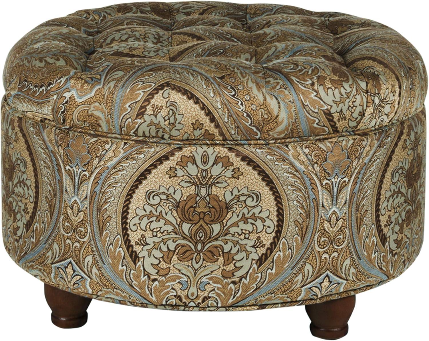 Brown and Teal Paisley Tufted Round Storage Ottoman