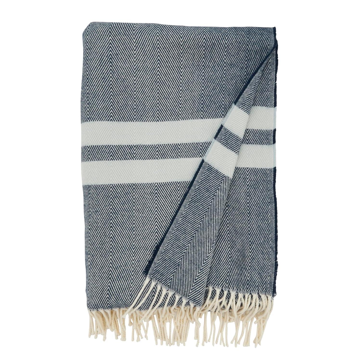 Saro Lifestyle Trendy Stripe and Herringbone Fringed Throw, Blue, 50"x60"
