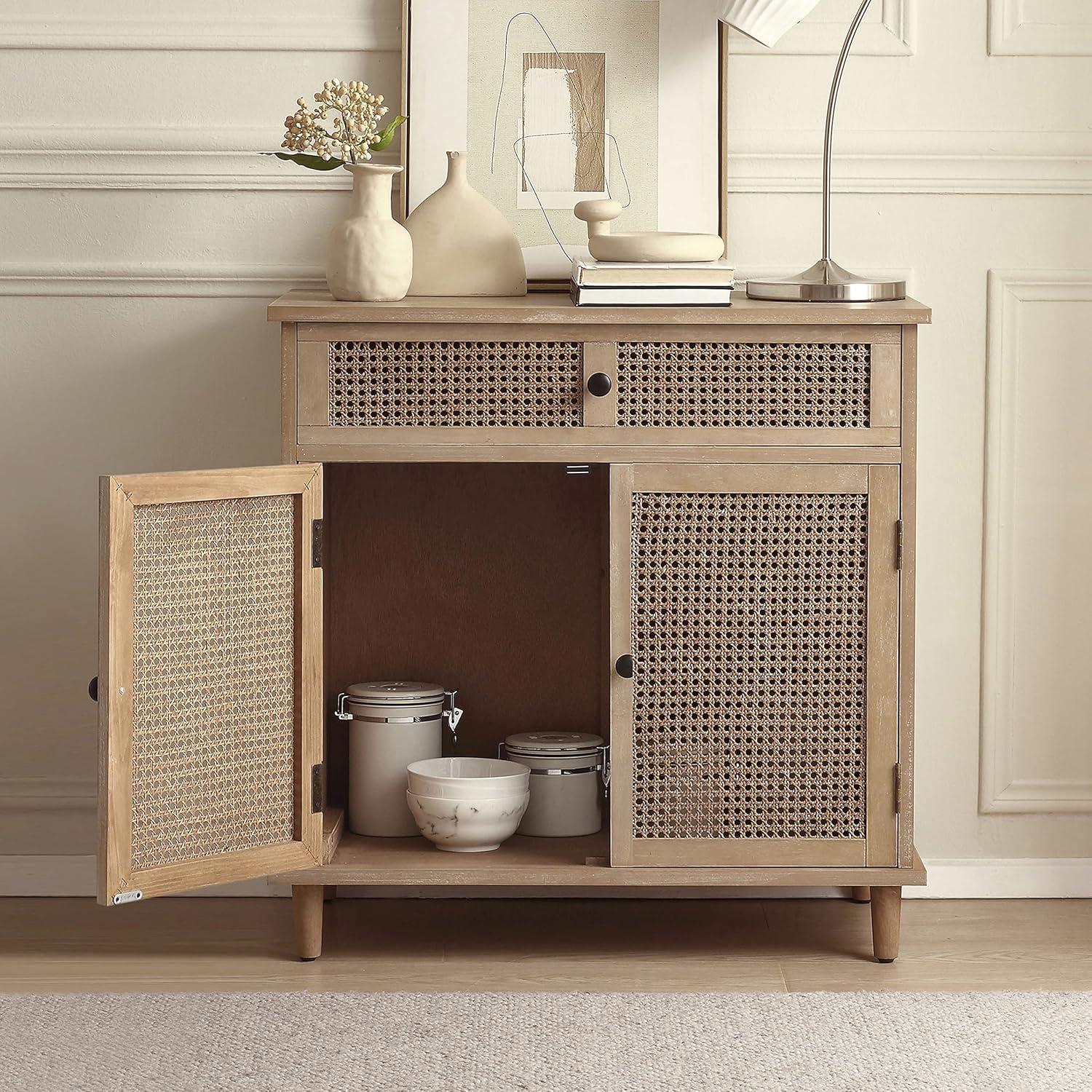 Art Leon Rustic Storage Cabinet with 2-Door&1Drawers Rattan Decoration Wood Finish,Oak Kitchen Console Table,Gray