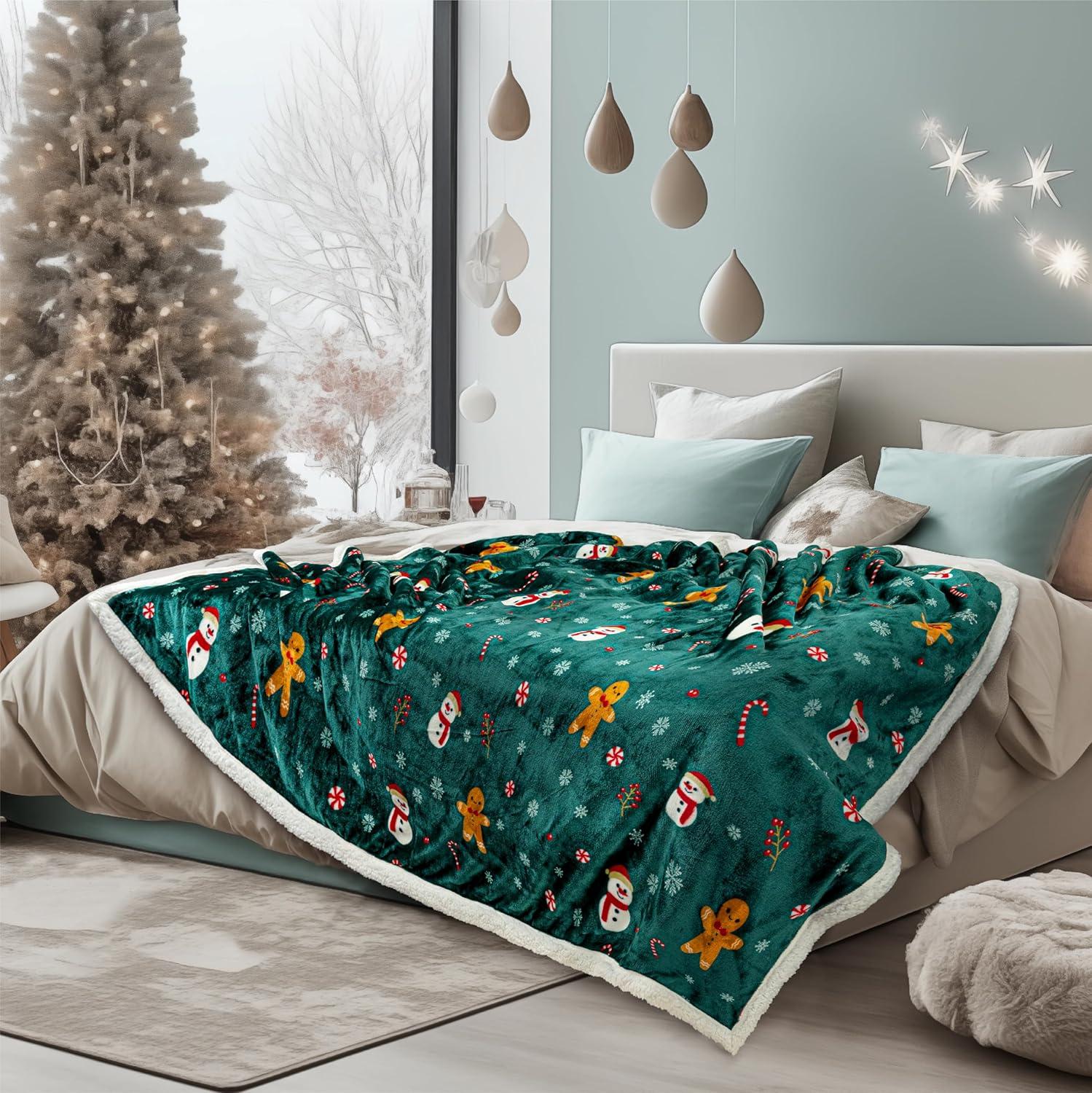 PAVILIA Premium Christmas Sherpa Throw Blanket | Christmas Decoration Gift, Fleece, Plush, Warm, Cozy Reversible Microfiber Holiday Blanket | Green Gingerbread - 50x60