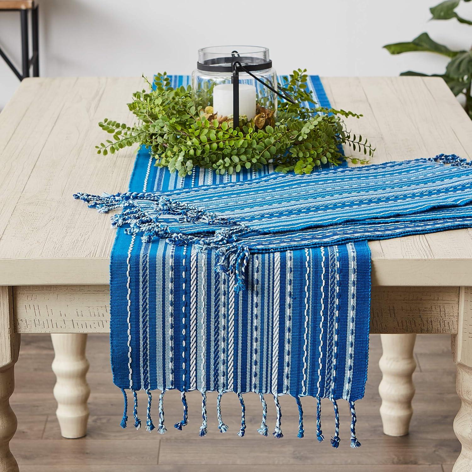 Blue Tonal Stripe With Fringe Table Runner