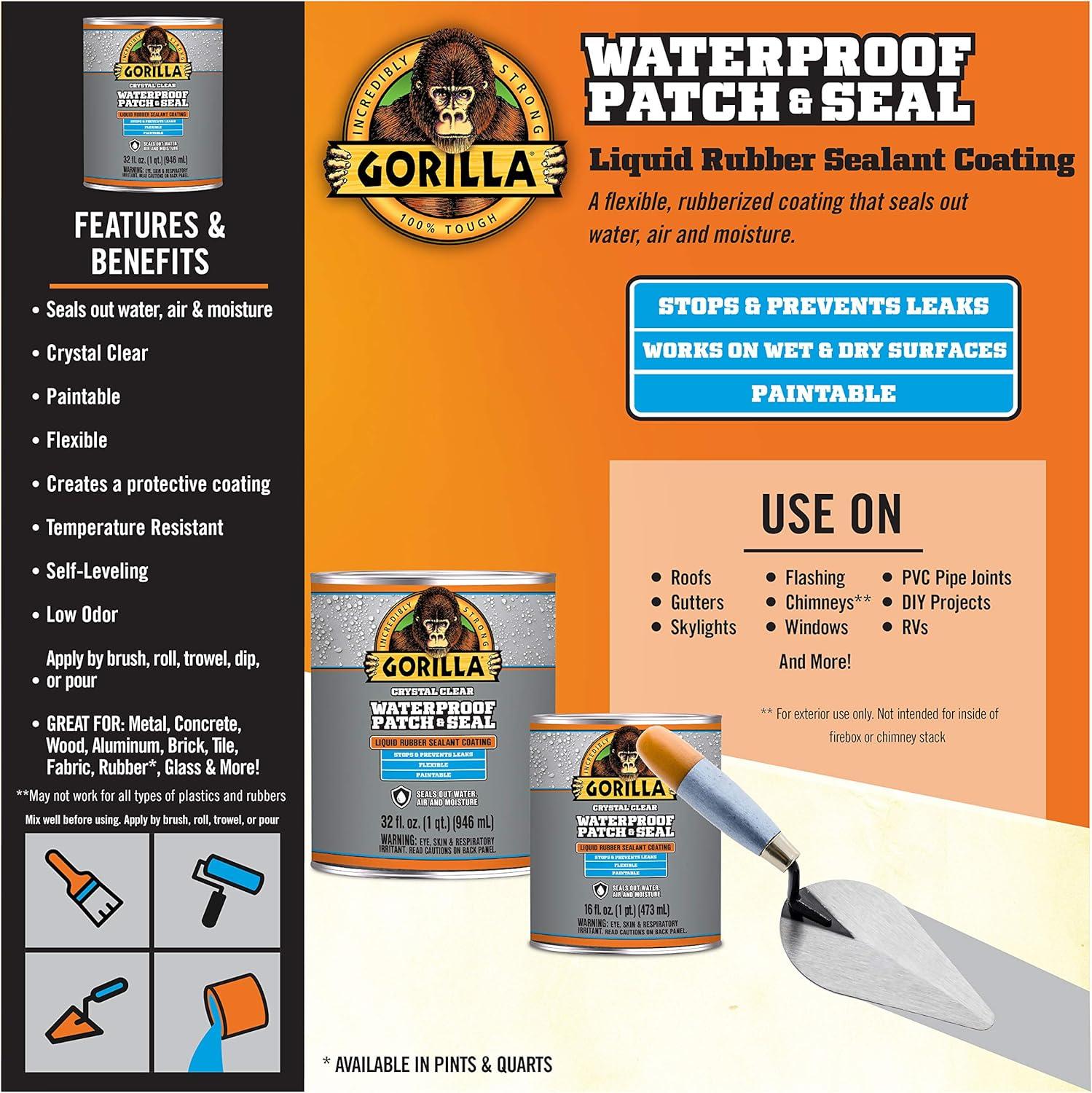 Gorilla Patch & Seal Liquid Rubber Waterproof Sealant, Crystal Clear, 32 Ounce