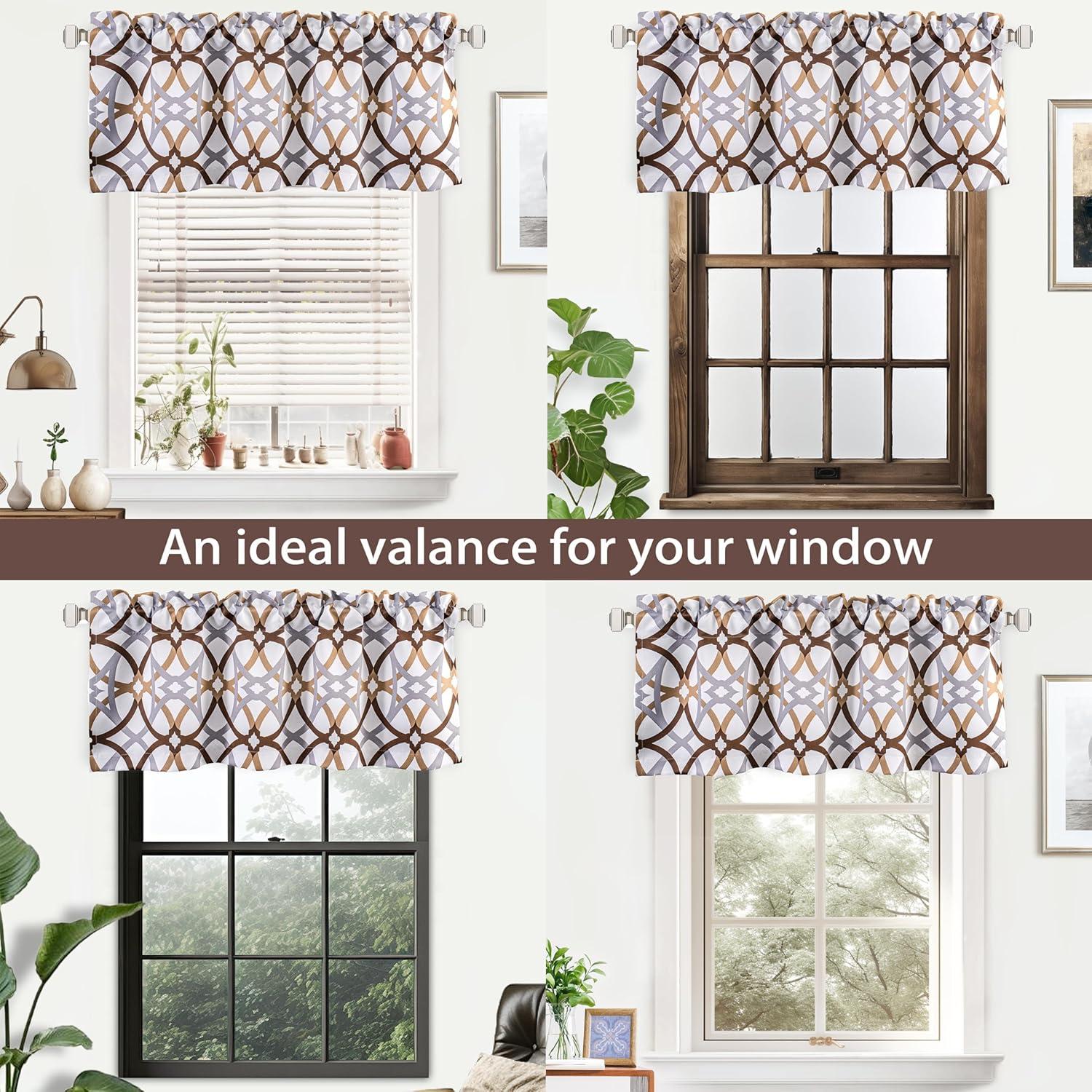 DriftAway Alexander Spiral Geo Trellis Pattern Window Curtain Valance Rod Pocket 52" x 18" Plus 2" Header, Brown, 1 Pack