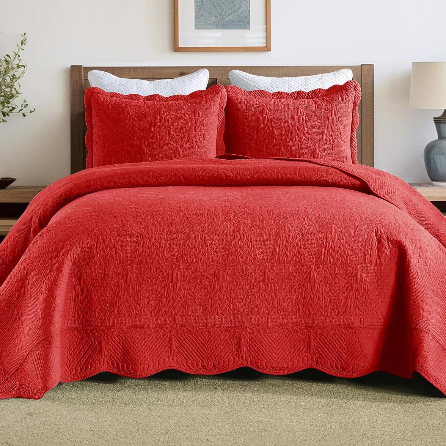 MarCielo 3 Pcs Festive Christmas Quilt Bedspread Set Holiday Bedding Medallion Red