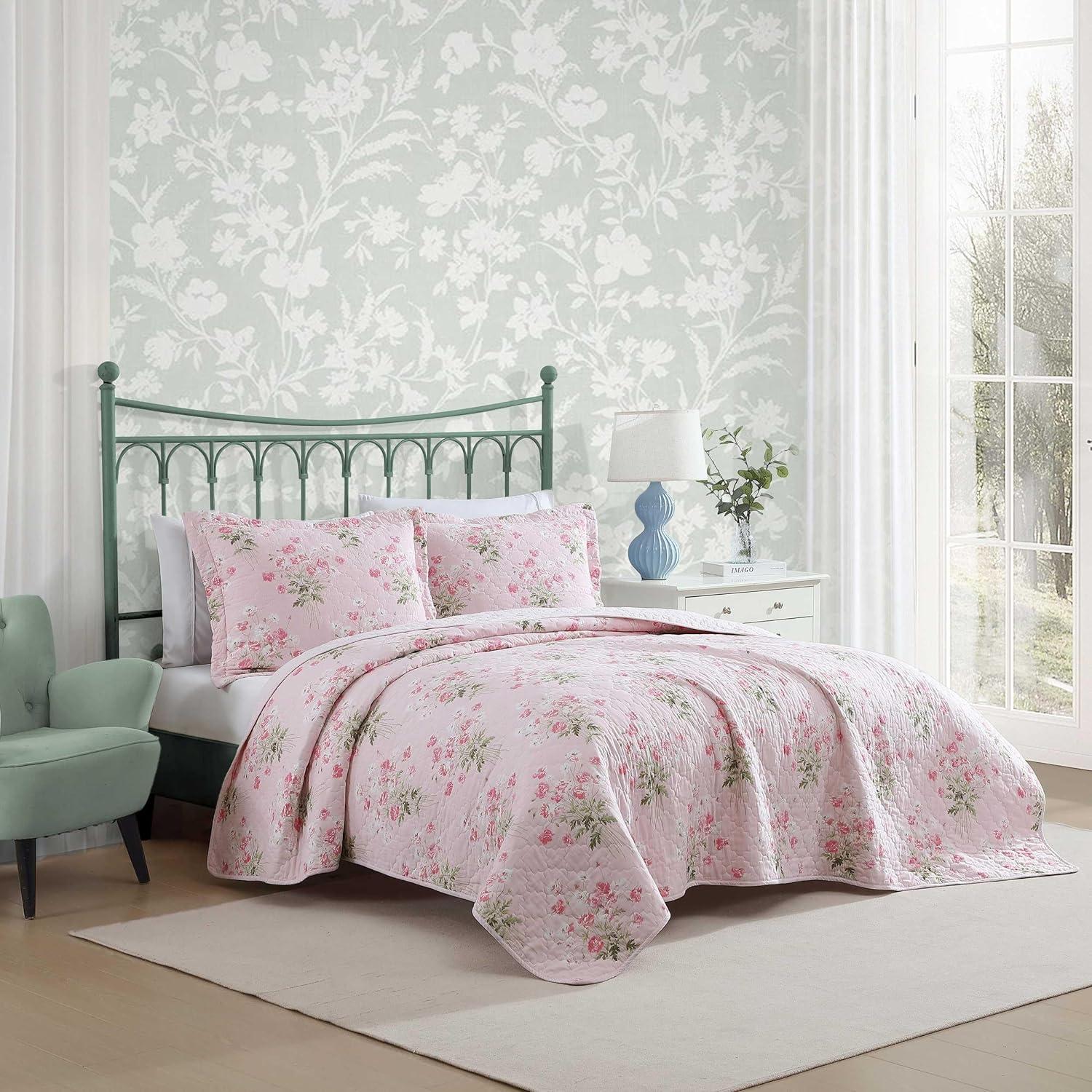 Veronica's Bouquet Pink Cotton Twin Reversible Quilt Set