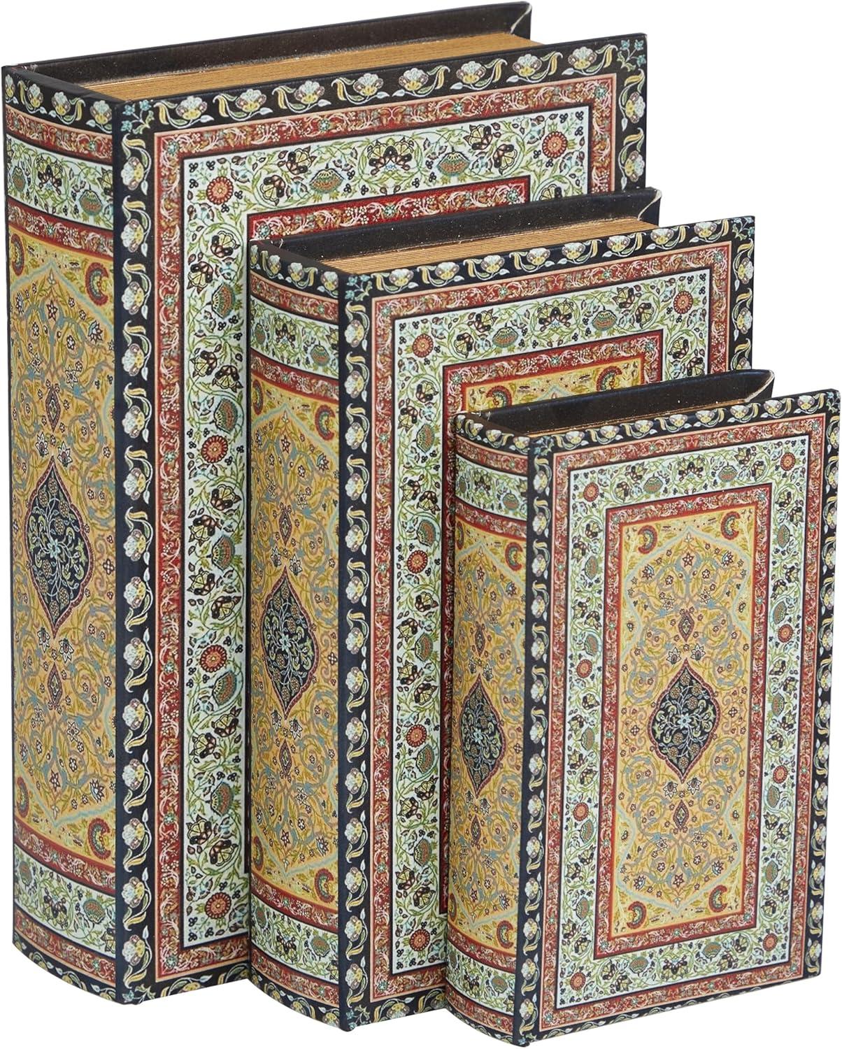 Deco 79 Canvas Decorative Box Storage Book Book Shaped Boxes with Arabesque Pattern and Gold Page Inspired Detail, Set of 3 Decorative Keepsake Boxes 12, 10, 8" H, Multi Colored