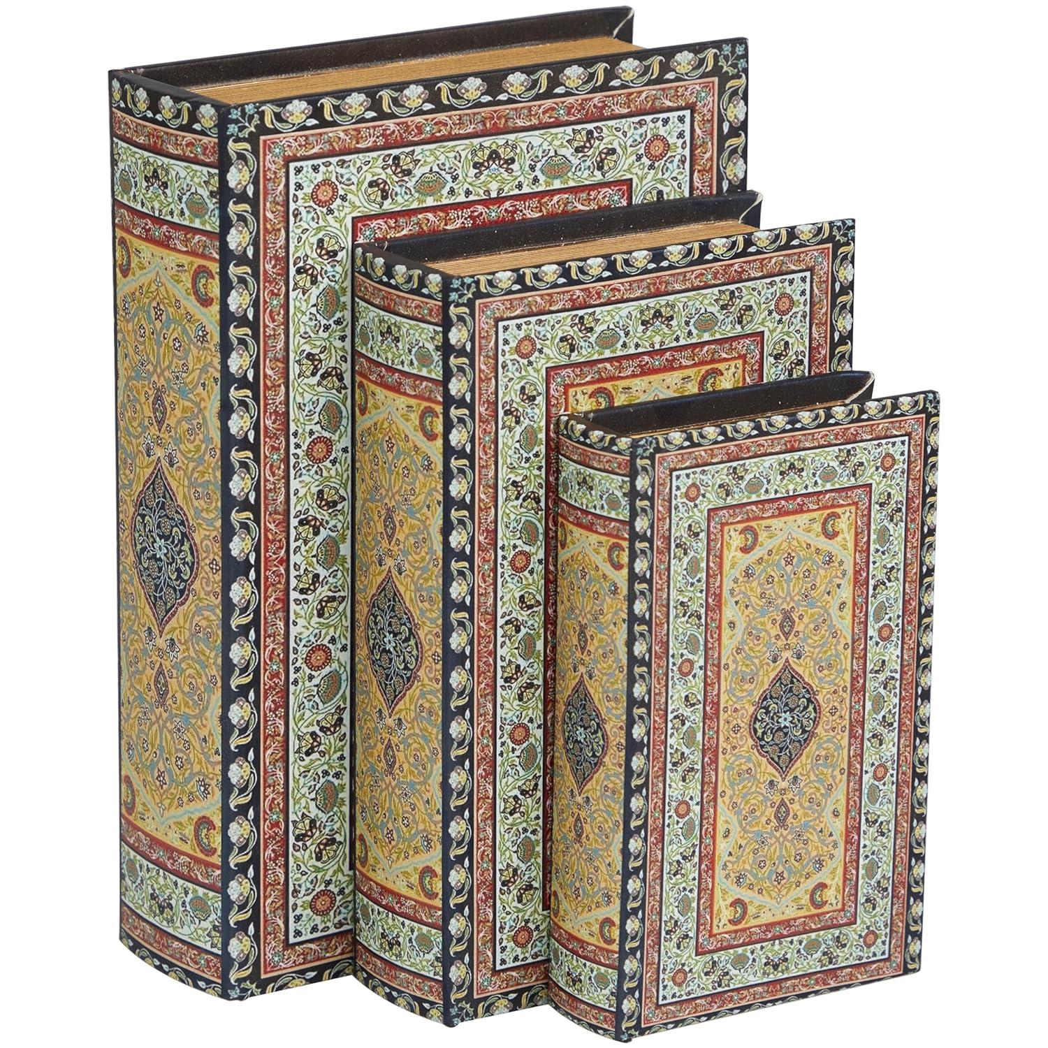 Deco 79 Canvas Decorative Box Storage Book Book Shaped Boxes with Arabesque Pattern and Gold Page Inspired Detail, Set of 3 Decorative Keepsake Boxes 12, 10, 8" H, Multi Colored