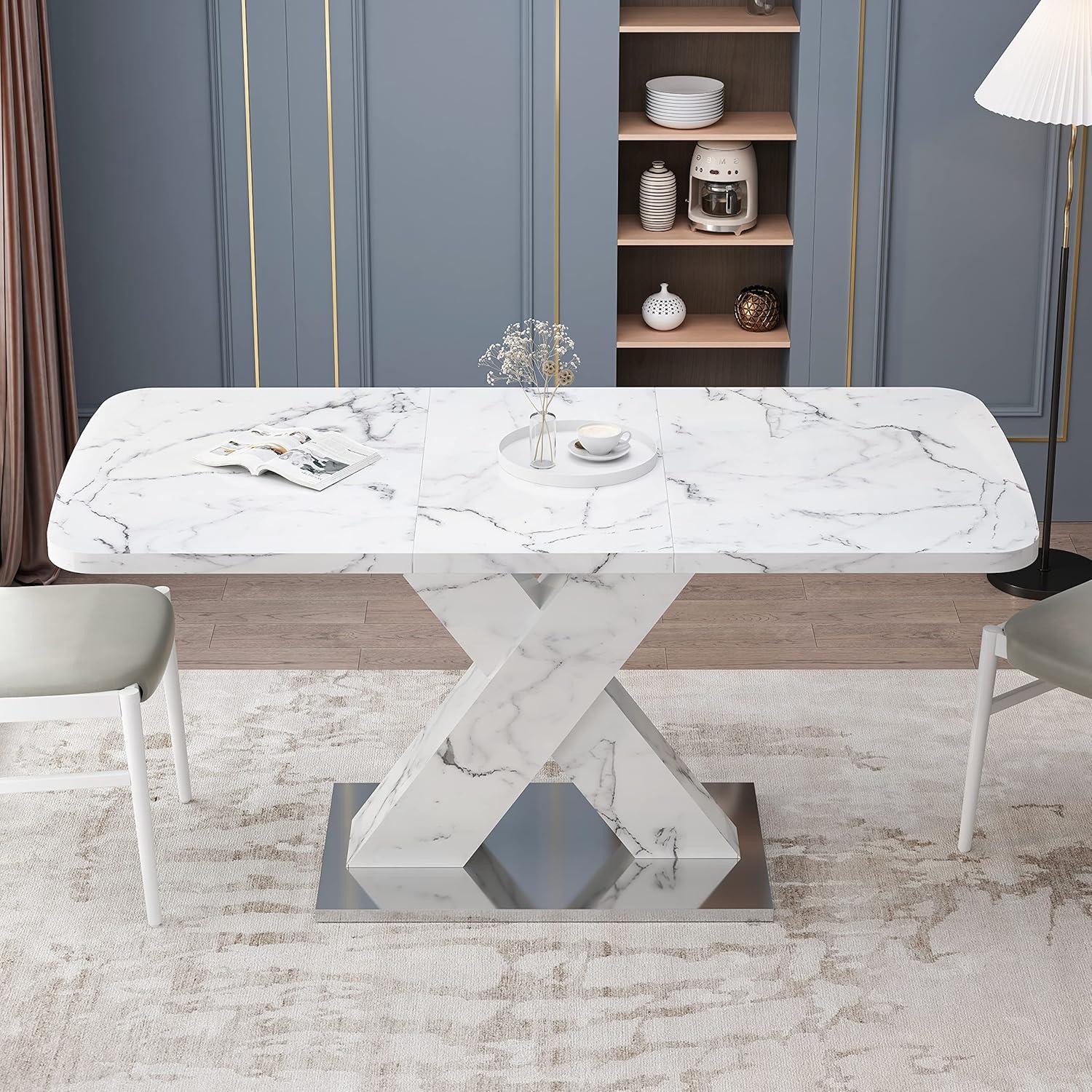 Extendable Dining Table for 4-6 People, Expandable 47-63 Inch Modern White Faux Marble Dining Room Table with MDF Table Top X-Shape Table Leg Metal Base (White Top, White Leg)