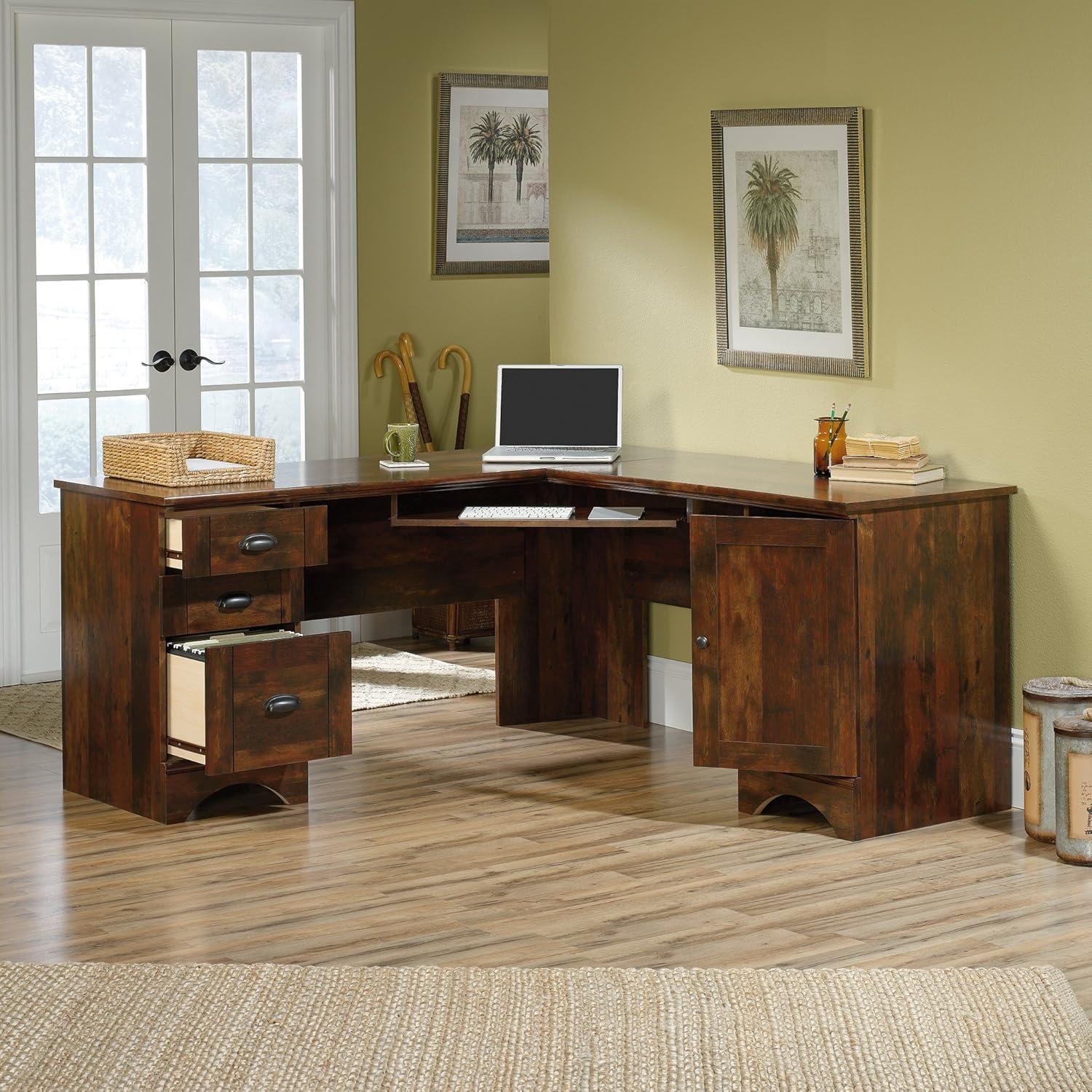 Curado Cherry L-Shaped Wood Corner Computer Desk with Drawers