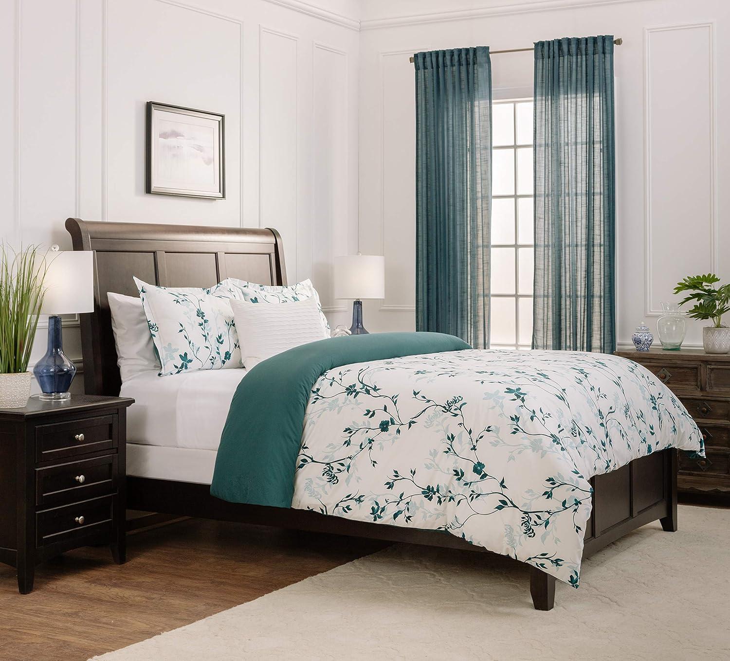 Teal Floral Print King Microfiber 3-Piece Duvet Cover Set