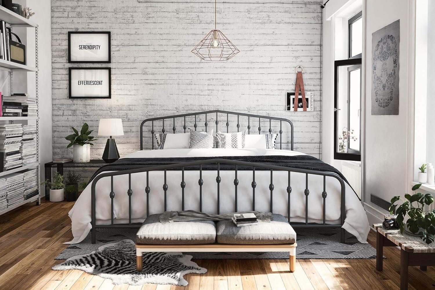 King-Size Gunmetal Gray Metal Bed with Upholstered Headboard and Storage Drawer