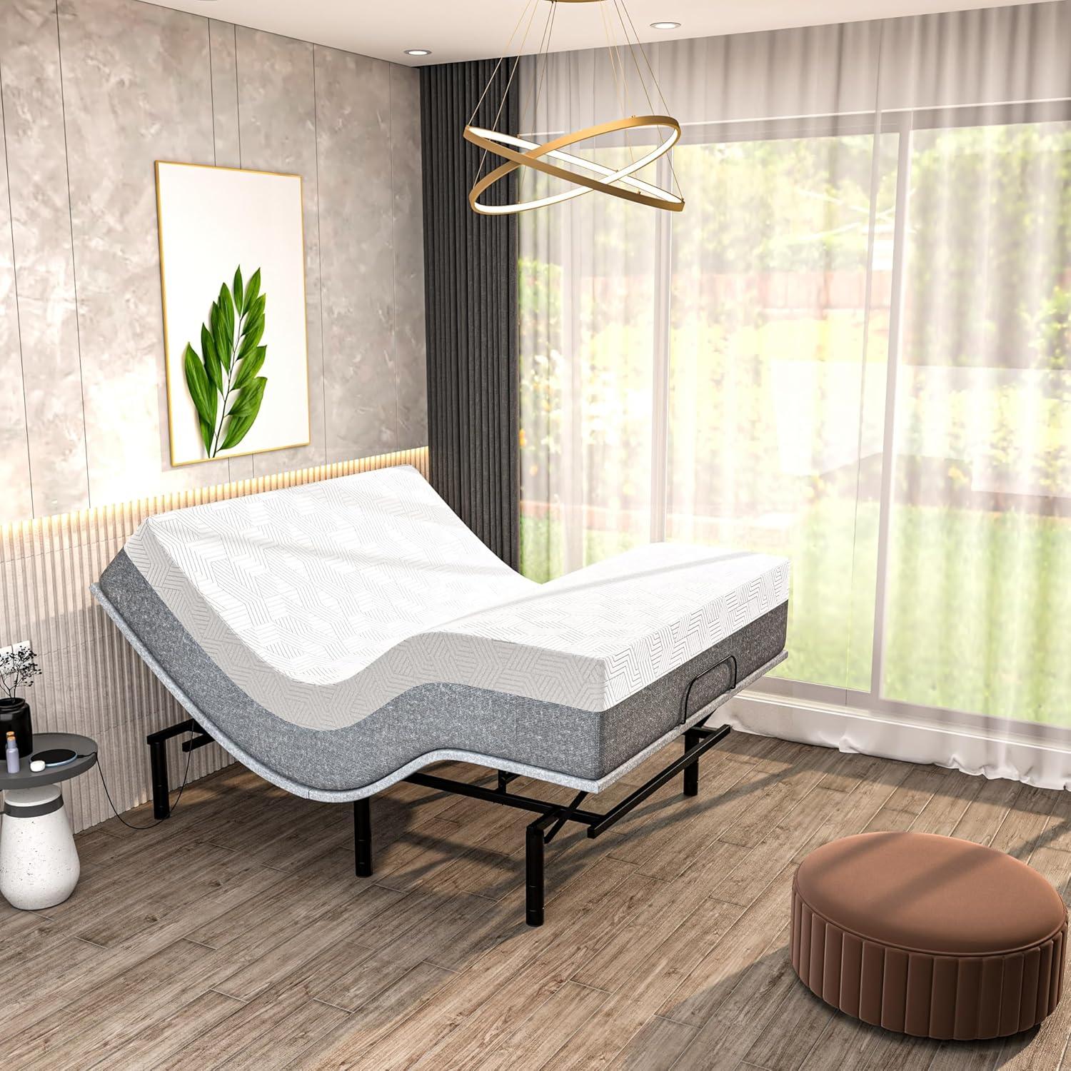 Renanim SF Elite Adjustable Bed With 10" Hybrid Mattress Included Massage, Usb, Underbed Light, Wireless Remote & App Control Zero Gravity Bed