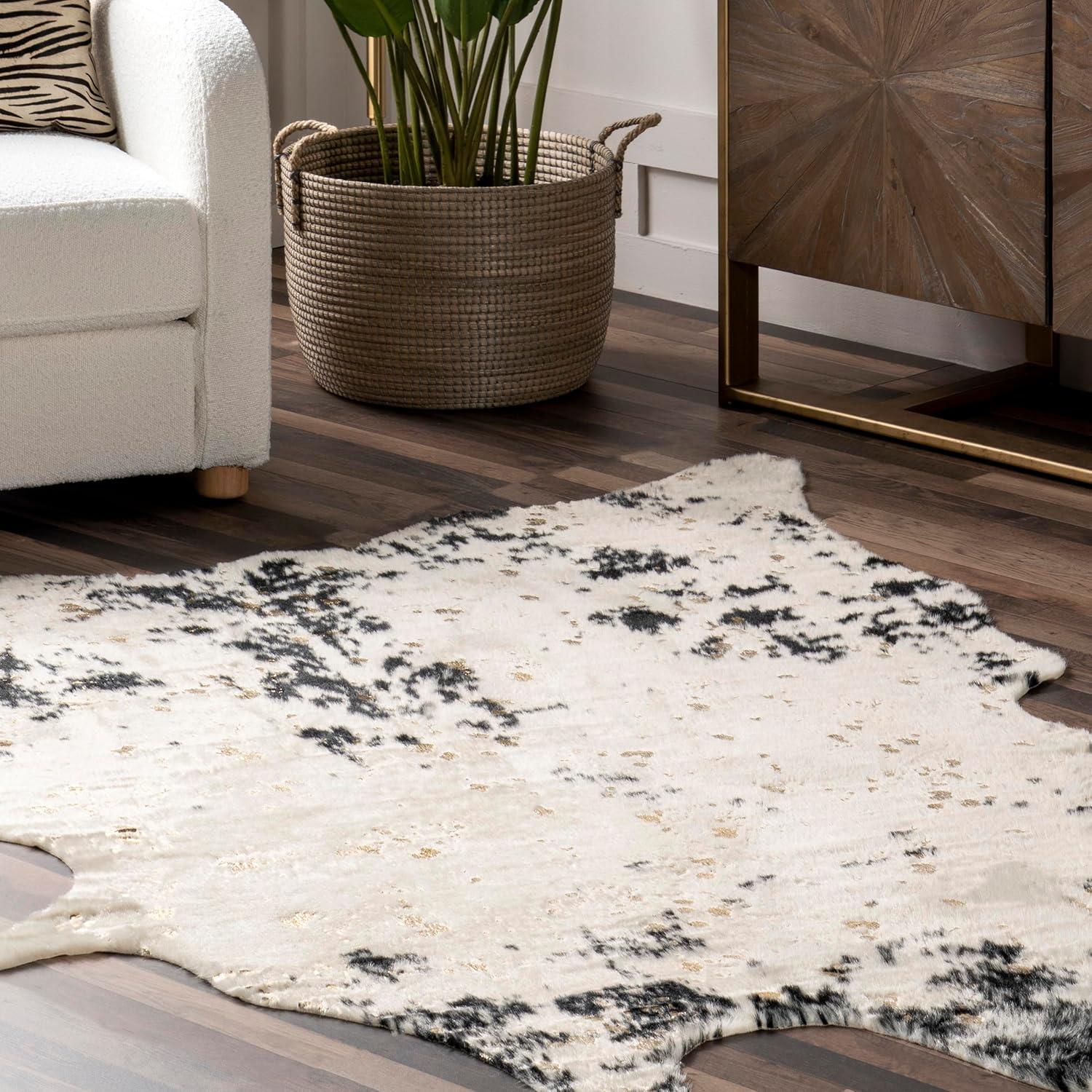 Chehalis Contemporary Faux Cowhide Power Loom Black/Gold Rug