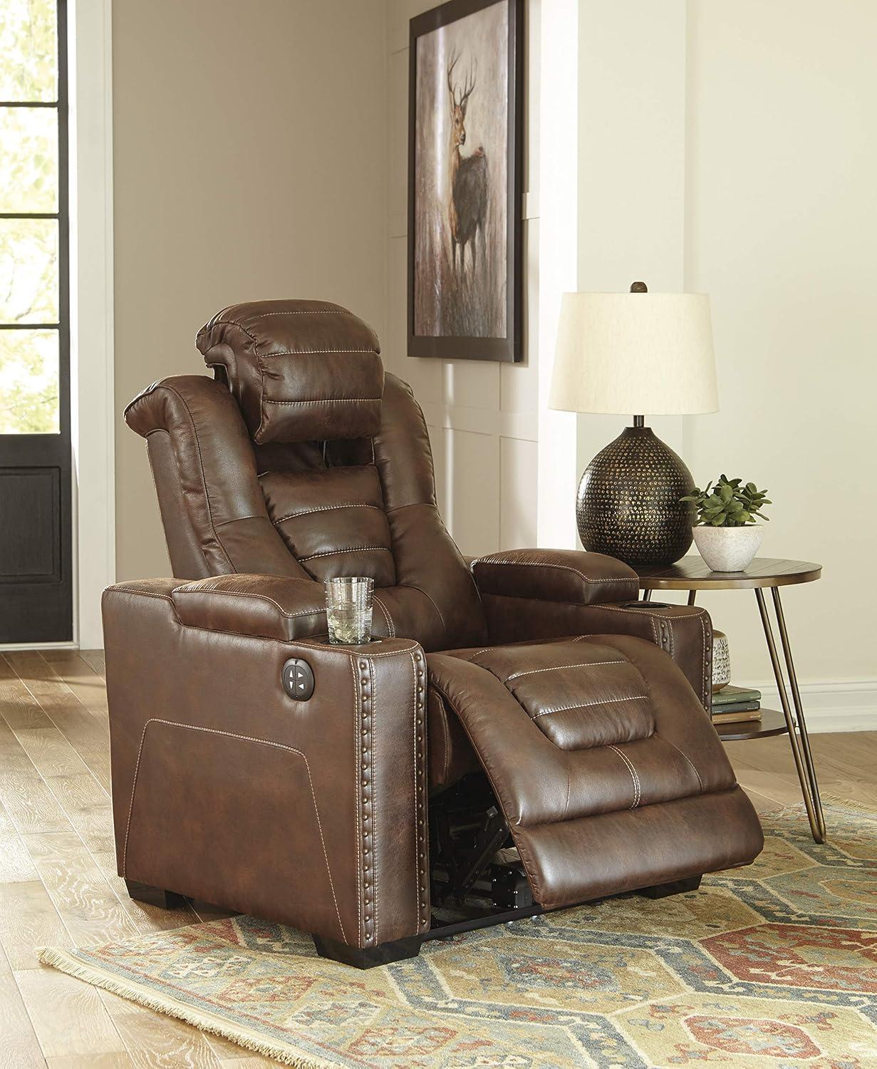 Transitional 38" Brown Faux Leather Power Recliner with Headrest