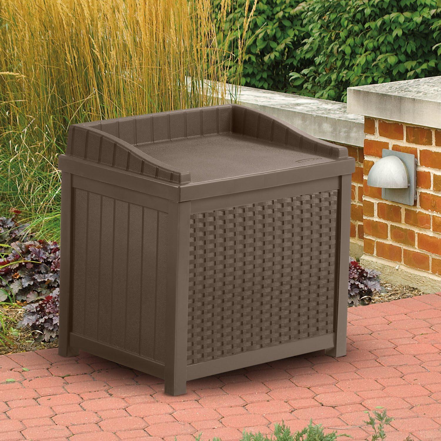 Mocha Wicker 22-Gallon Deck Box: Lightweight Resin Storage Container and Seat for Patio, Garage, Yard