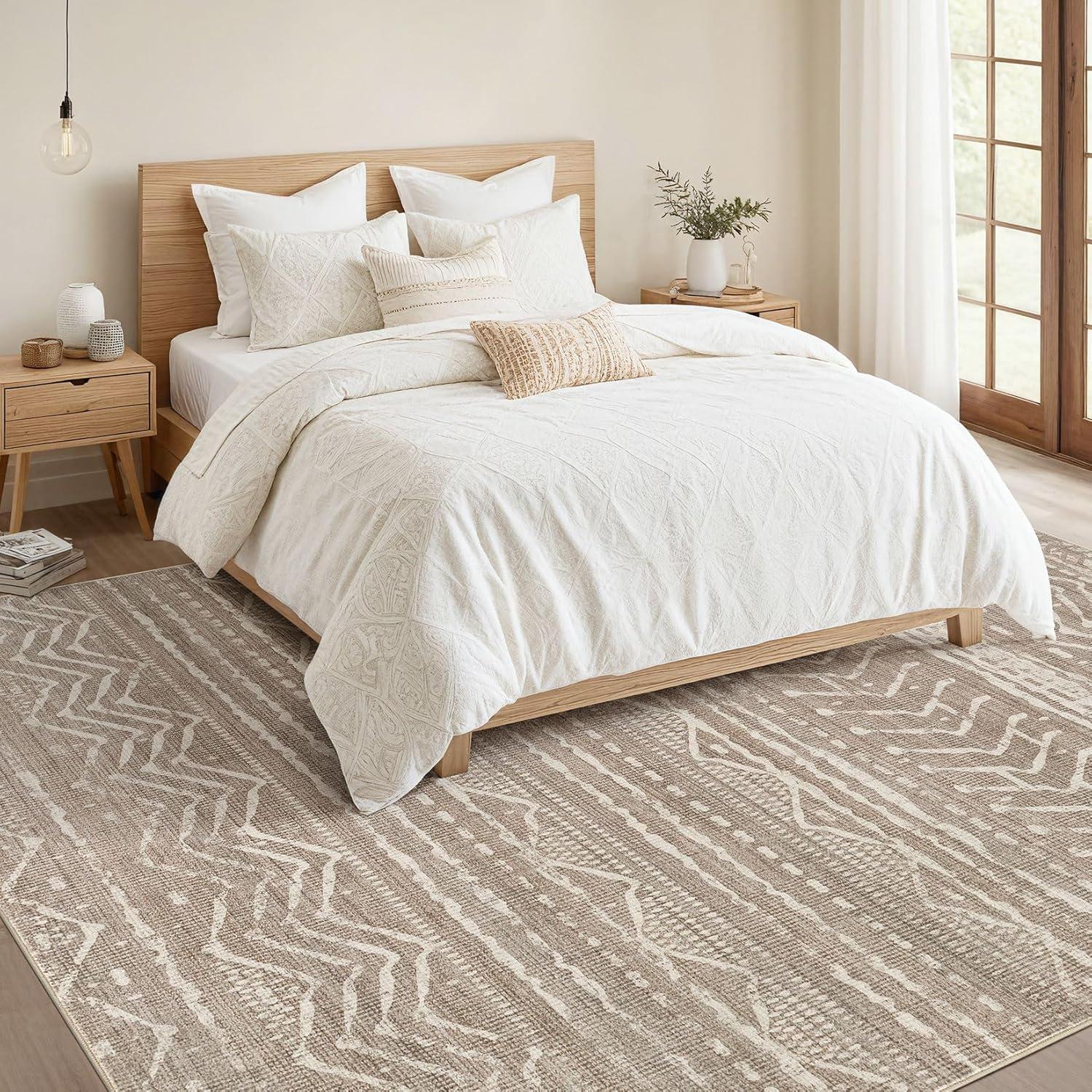 FairOnly 9'x12' Brown White Area Rugs Machine Washable Vintage Rugs for Bathroom Geometric Moroccan Ultra-Thin Area Rugs for Family Room Living Room Carpet