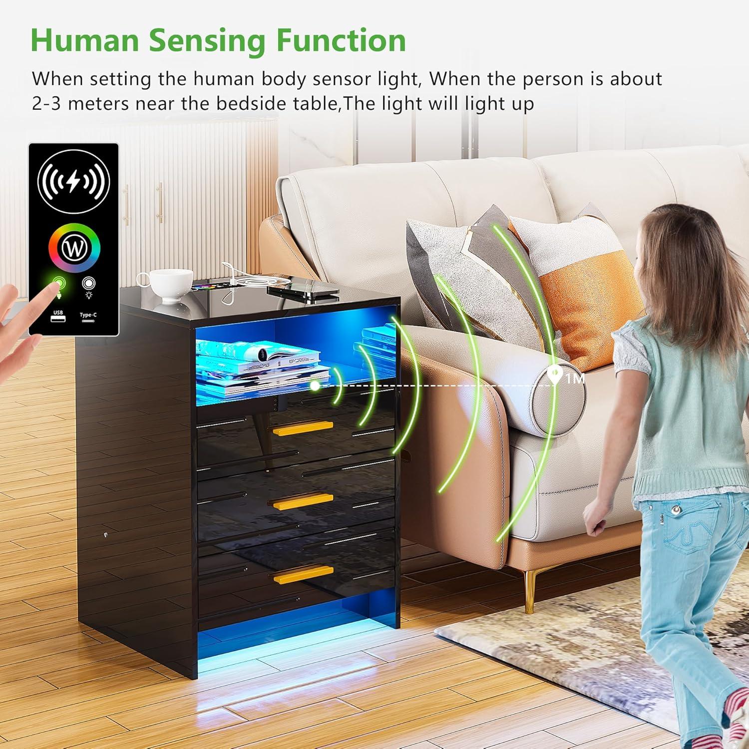 HNEBC Smart LED Nightstand with Wireless Charging & USB Ports, High Glossy Night Stand with 3 Drawers and 1 Pull-Out Tray, Modern Bedside Table with Human Sensor for Bedroom (White)