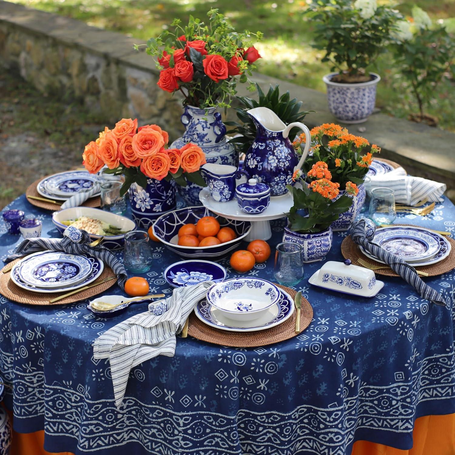 Blue and White Ceramic Oval Serving Platter, 18.5"