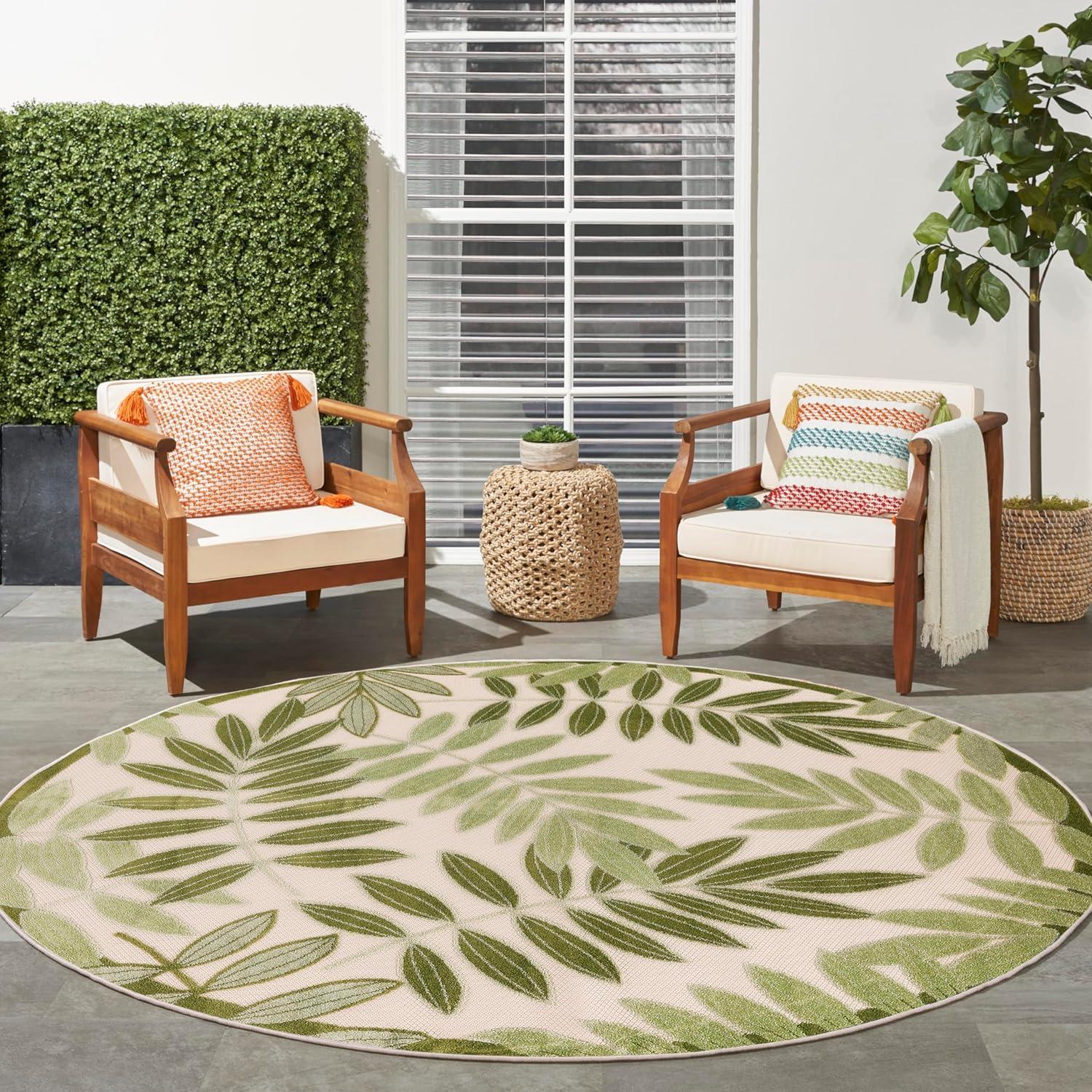Nourison Aloha Floral Leaf Flatweave High-Low Indoor Outdoor Round Rug Ivory Green 5'3" x 5'3"
