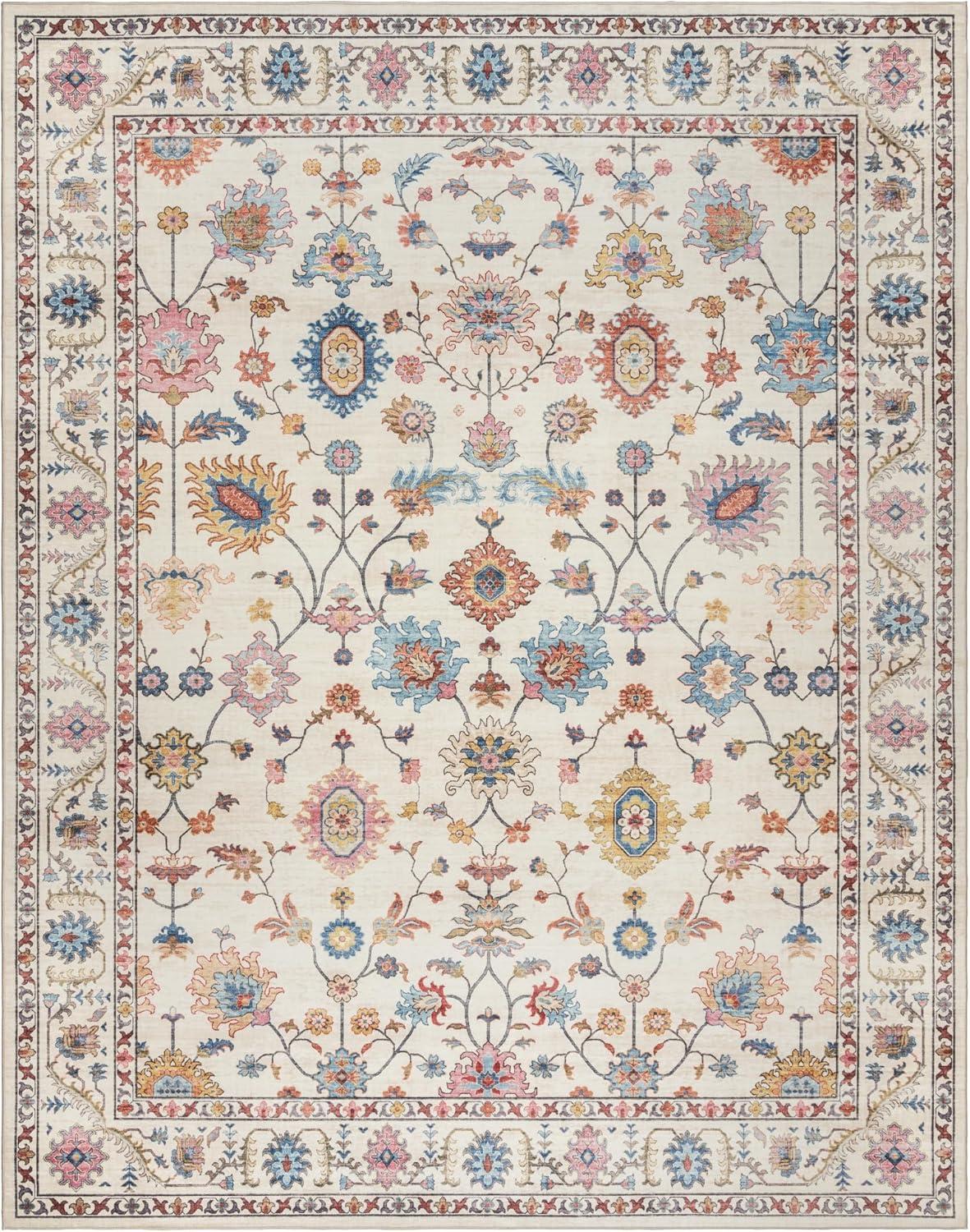 Gertmenian Crystal Print Cullen Ivory Cream Pink Multi Transitional Floral Border Washable Flat Pile Indoor Area Rug