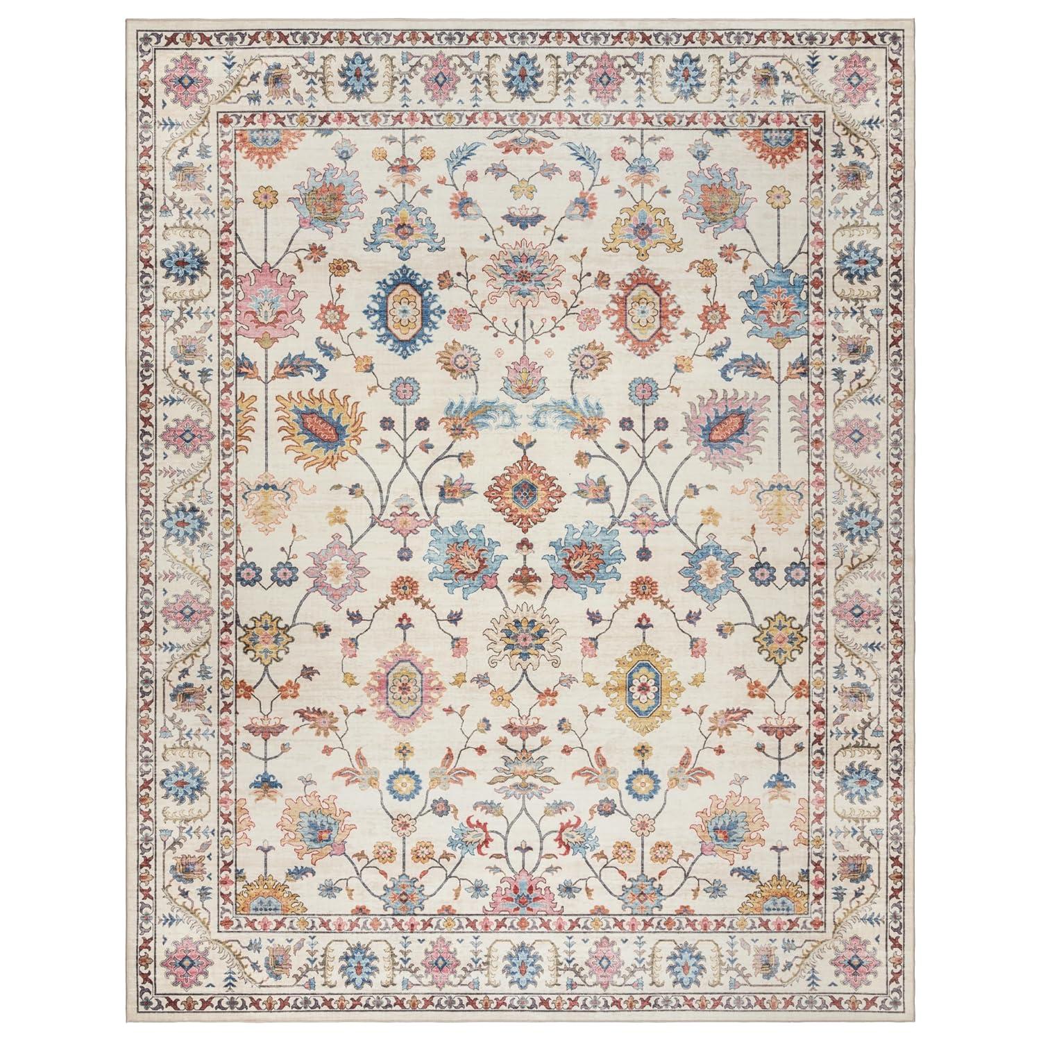 Gertmenian Crystal Print Cullen Ivory Cream Pink Multi Transitional Floral Border Washable Flat Pile Indoor Area Rug