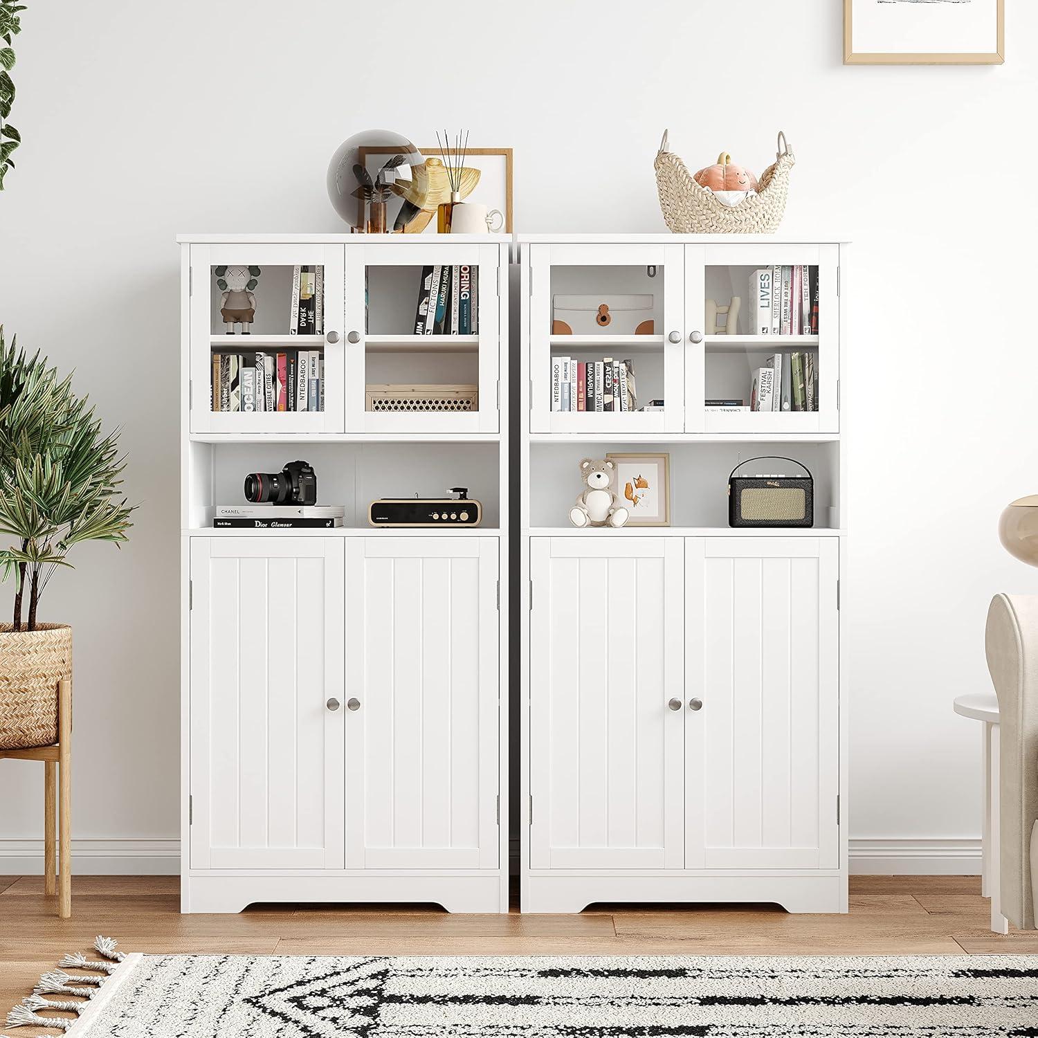 White MDF Bathroom Cabinet with Adjustable Shelving and Glass Doors