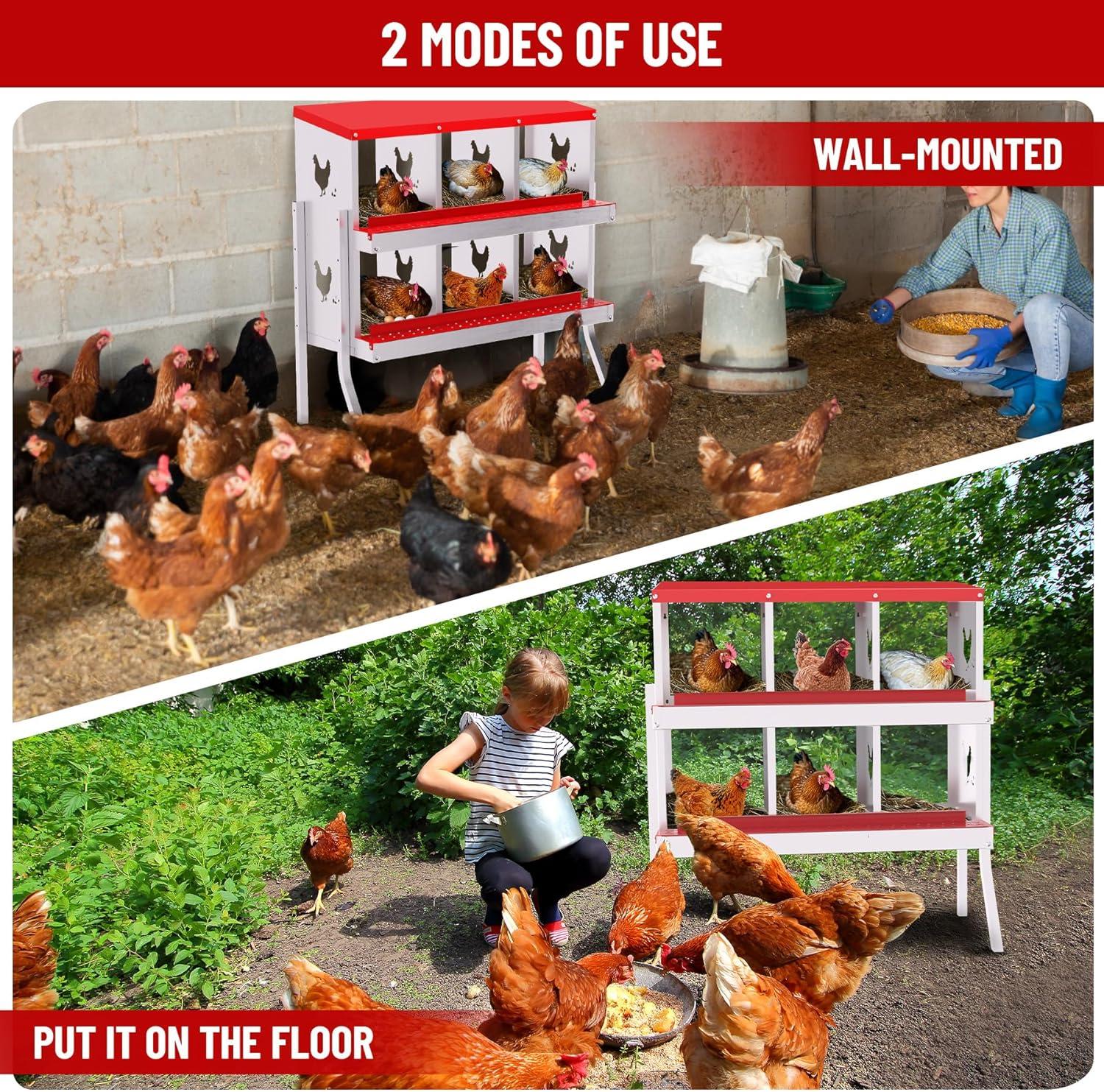 Nesting Boxes for Chickens, 6 Compartment Chicken Nesting Box with Metal Legs, Metal Chicken Laying Boxes with Perch, Secure Lid, Versatile Wall Mount or Free Standing for Hens, Red