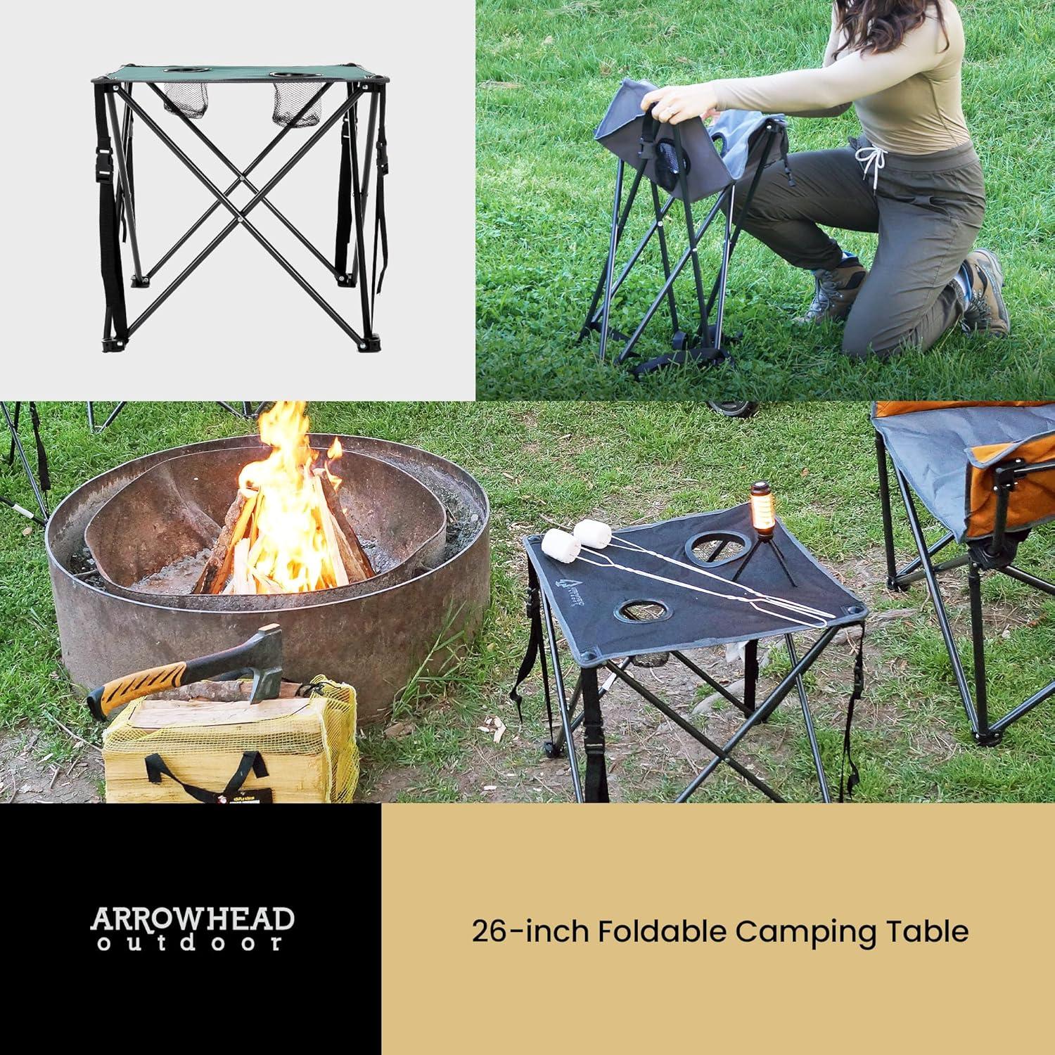 ARROWHEAD OUTDOOR 26” (66cm) Heavy-Duty Portable Camping Folding Table, 2 Cup Holders, Compact, Square, Carrying Case Included, Steel Frame, High-Grade 600D Canvas, USA-Based Support (Green)