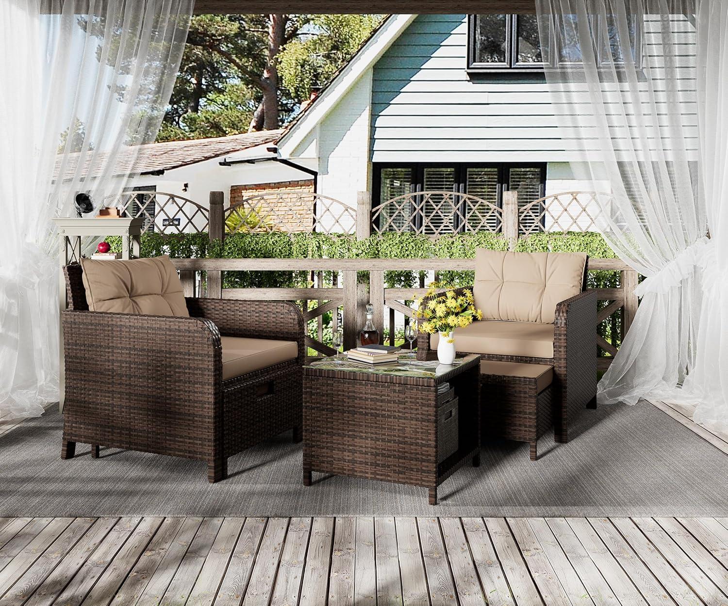 4-Person Khaki Wicker Rattan Patio Conversation Set with Cushions and Glass Table