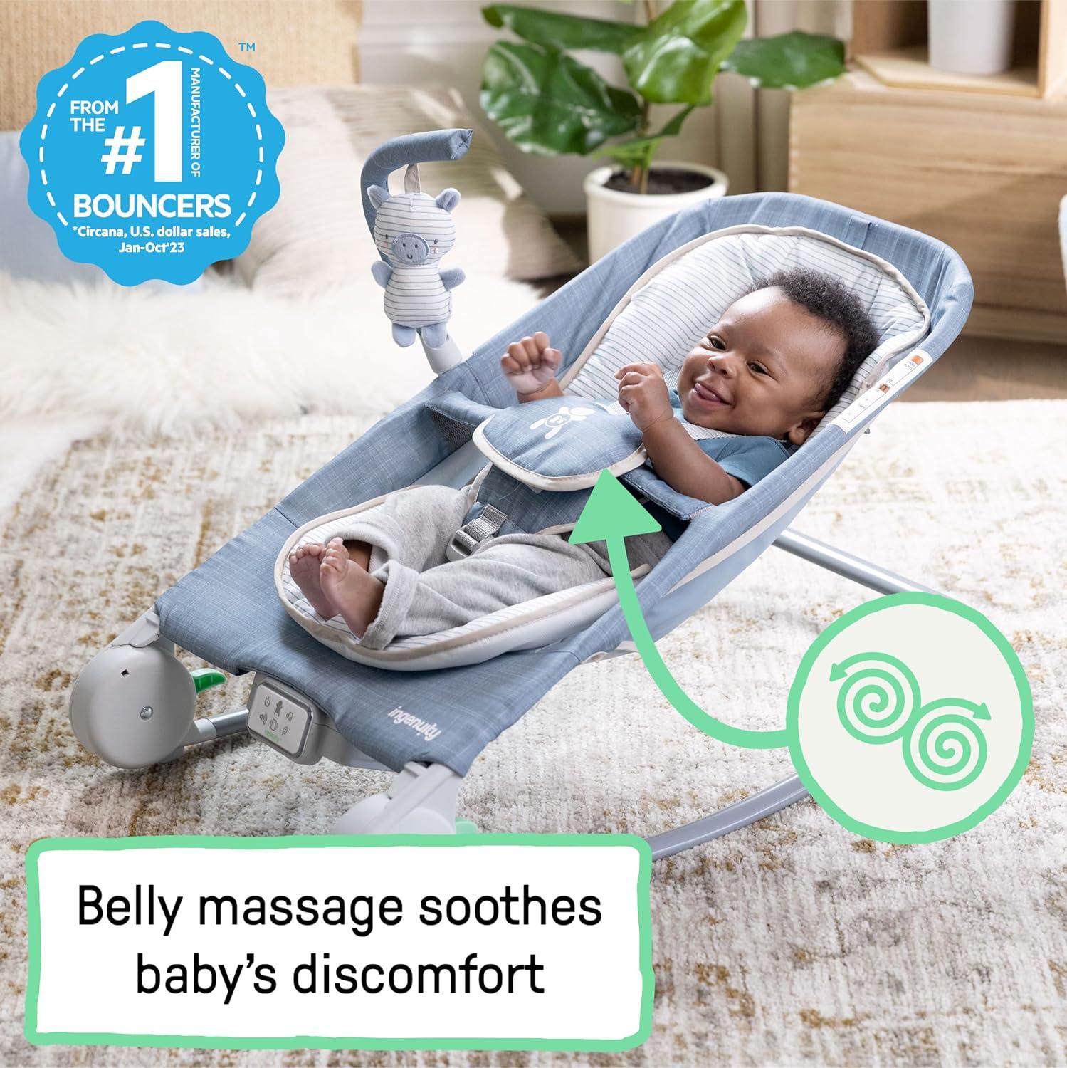 Ingenuity 2-in-1 Happy Belly Rock To Bounce Massage Baby Seat - Chambray