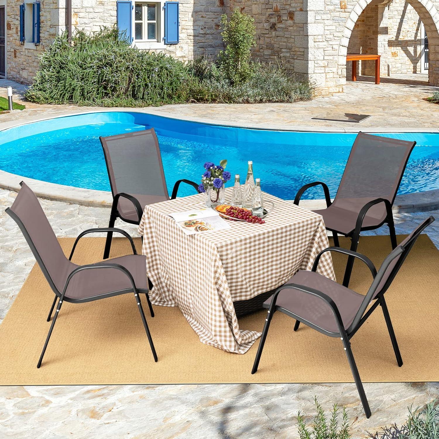 Tangkula 4PCS Patio Stacking Dining Chairs w/ Curved Armrests & Breathable Seat Fabric Brown