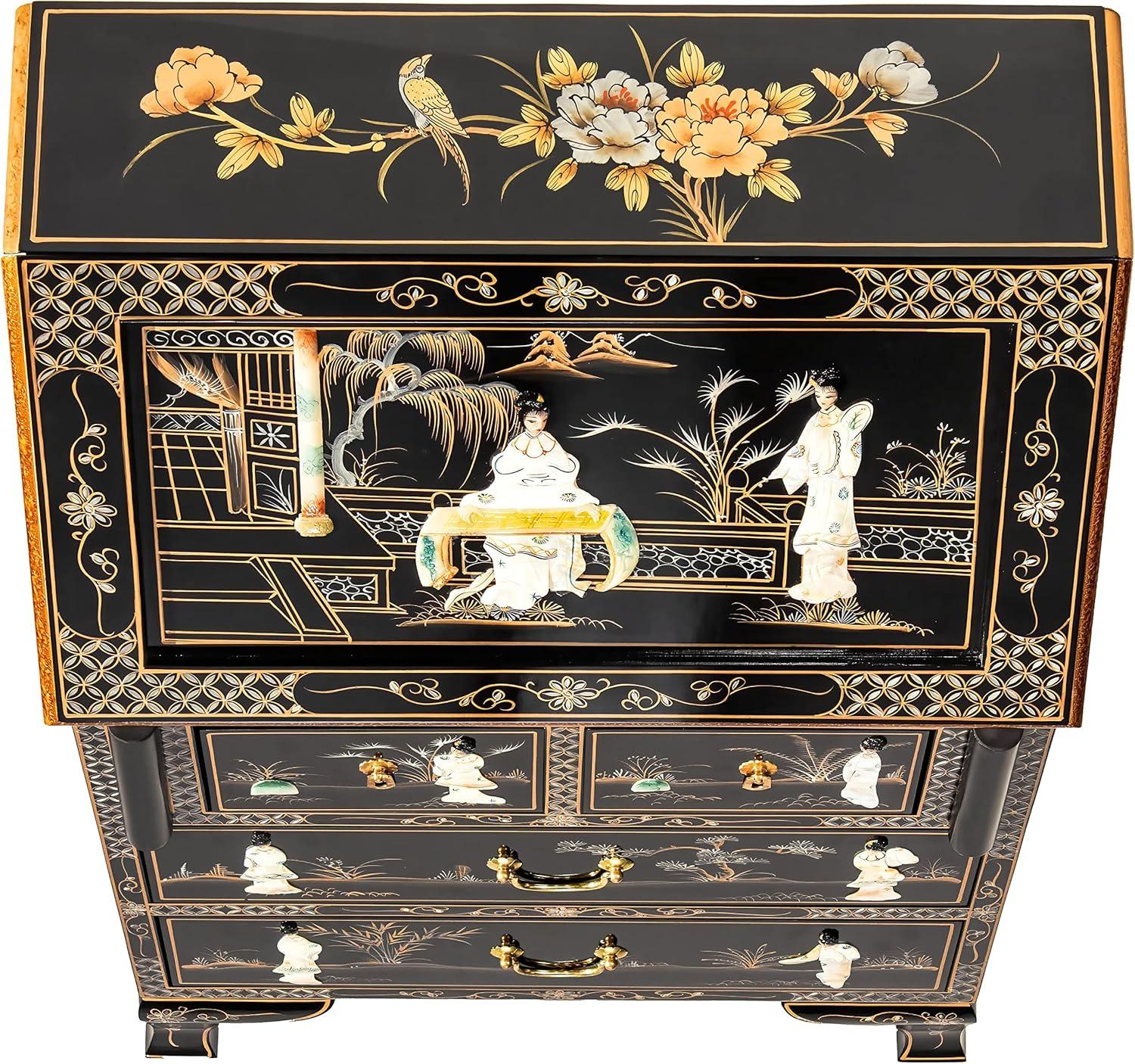 Exquisite Black Lacquer Secretary Desk with Mother-of-Pearl Accents