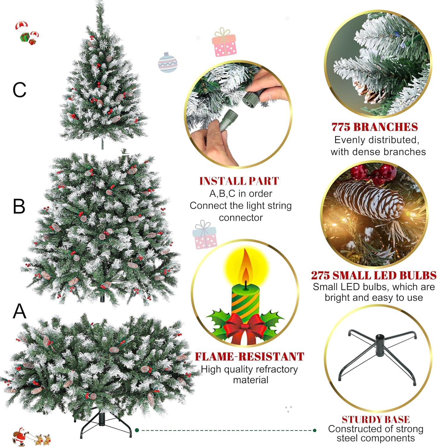 6FT Pre-Lit Flocked Artificial Christmas Tree with Pine Cones and Berries